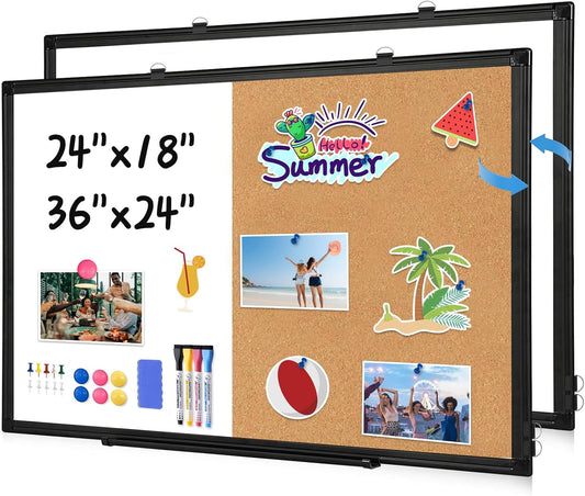 [24" x 36"] WALGLASS Dry Erase and Bulletin Boards Combo, Magnetic White Board Cork Board for Wall, Whiteboard & Corkboard Combination with Aluminum Frame, for Home, Classroom, Office