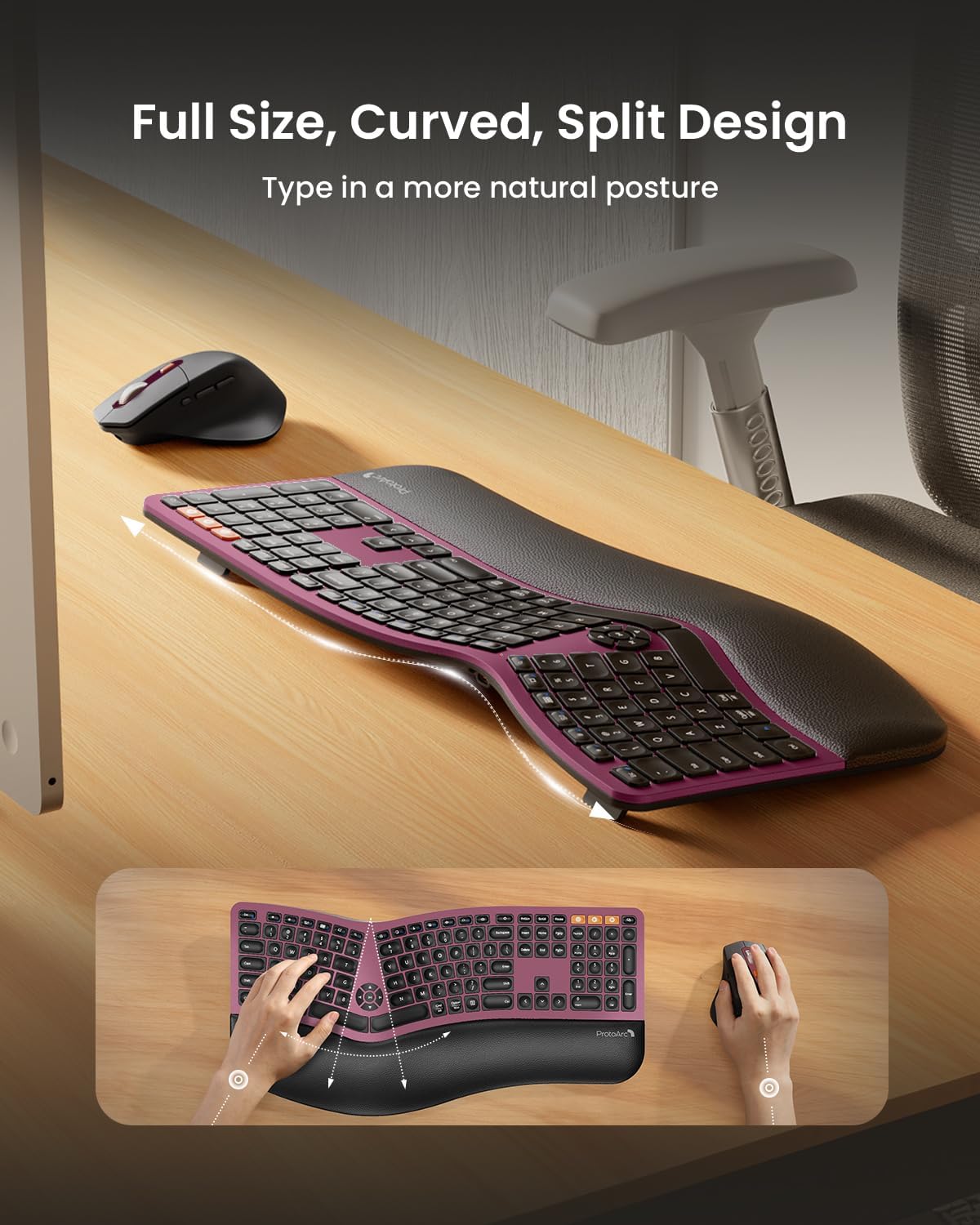 ProtoArc Ergonomic Wireless Keyboard Mouse, EKM01 Plus Full Size Ergo Bluetooth Keyboard Mouse Combo, Split Design, Wrist Rest, Multi-Device, Rechargeable, for Windows/Mac OS - Wine Red