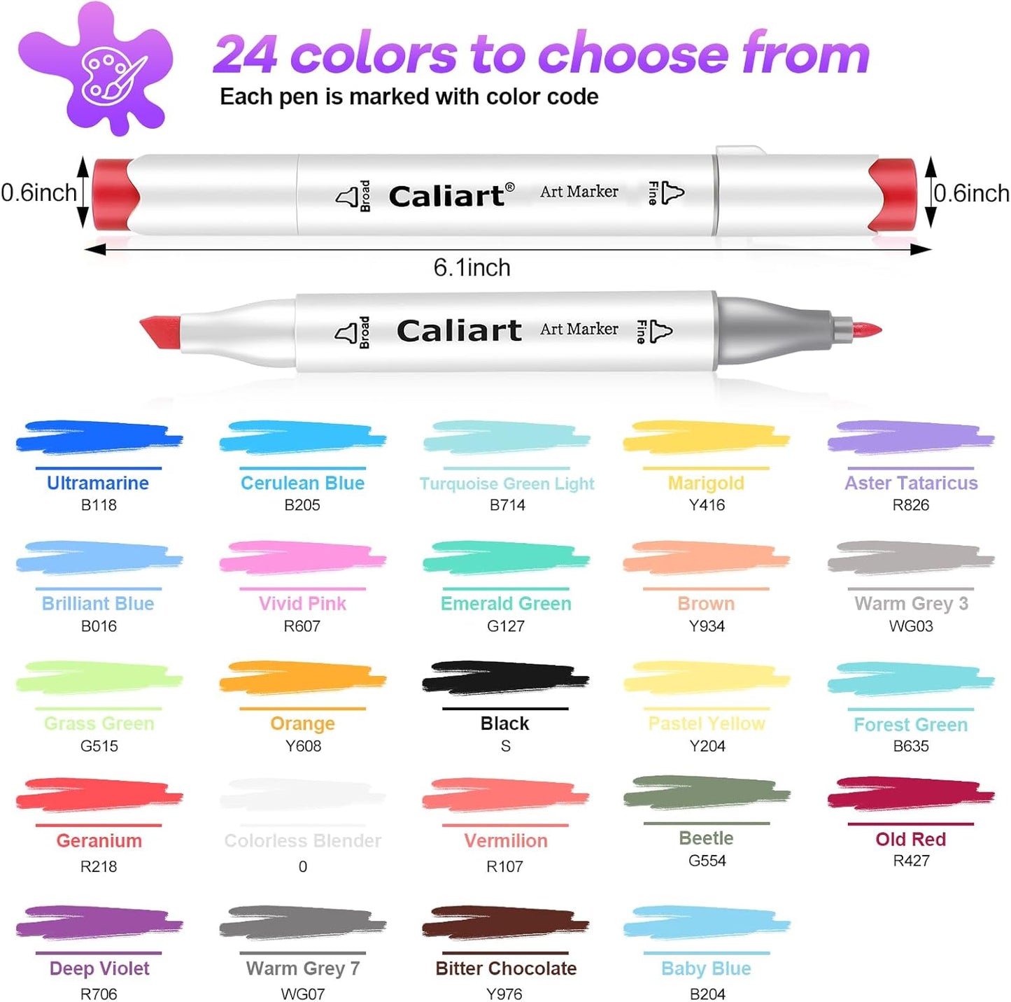 Caliart 24 Colors Fine & Chisel Permanent Alcohol Markers, Dual Tip Artist Sketch Art Markers Set for Adult Coloring Book, Aesthetic Cute School Supplies, Pens for Drawing Coloring Illustrations