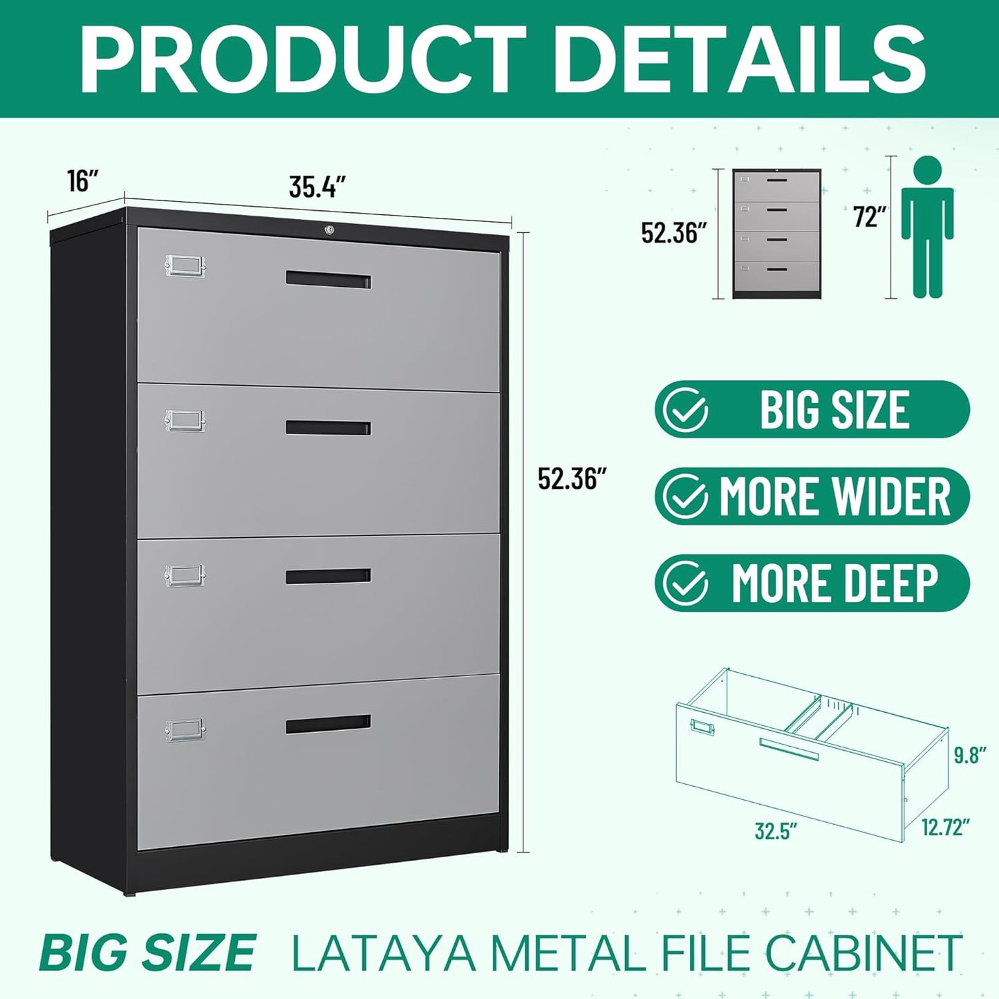 Letaya 4 Drawer Lateral Metal Filing Cabinet with Lock-File Cabines-Organization Storage Cabinets for Home Office-Hanging Letter/Legal/F4/A4 Size (4 Drawer-Grey Black)