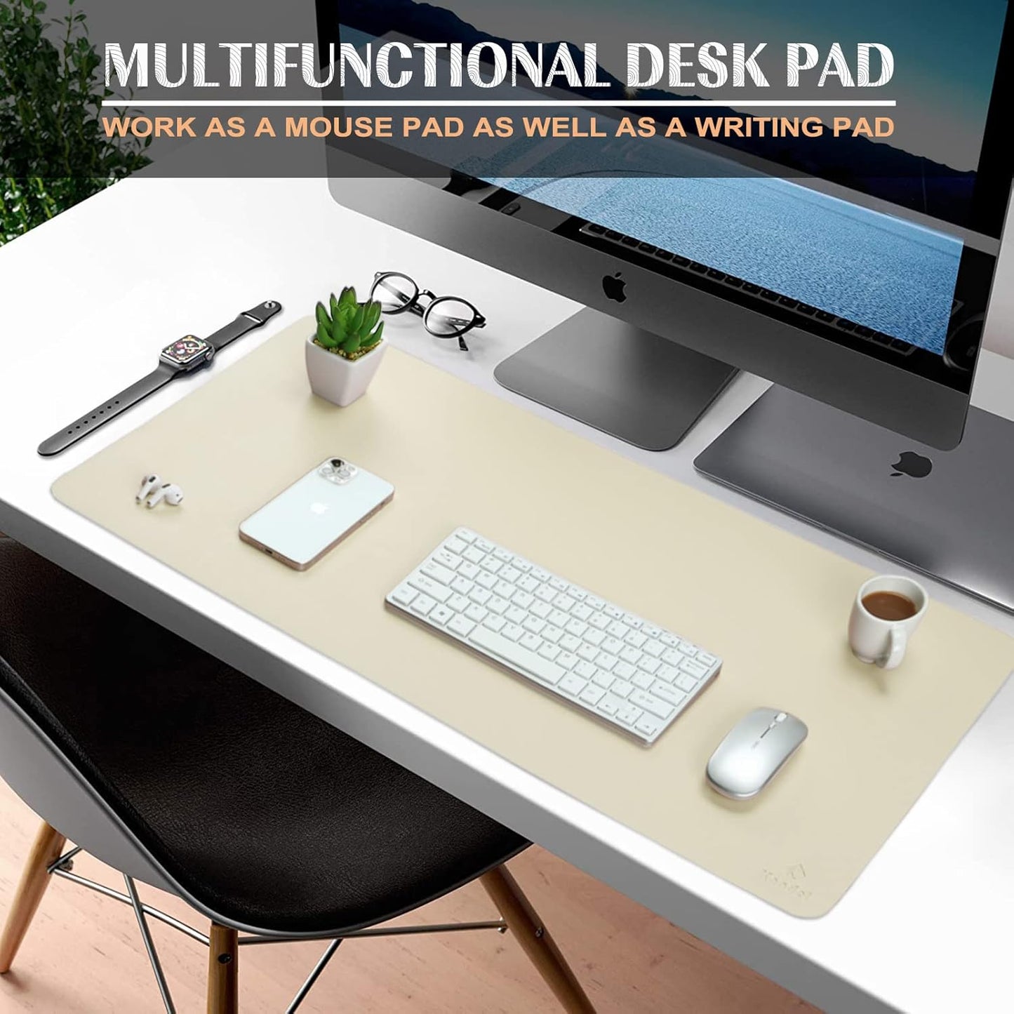 K KNODEL Small Office Leather Desk Mat, Mouse and Keyboard Pad, Computer and Laptop Mat, Desktop Protector and Cover, Writing Pad and Blotter (23.6"x13.8", Ivory Cream)