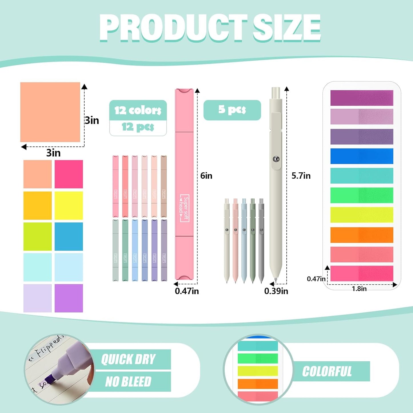 Jutom 38 Pcs Book Annotation Kit Aesthetic Highlighters Gel Pens Set Sticky Notes Tabs Markers Dual Ended Highlighter Quick Dry Ink Pens for Office Annotating Books(Rainbow,Square)