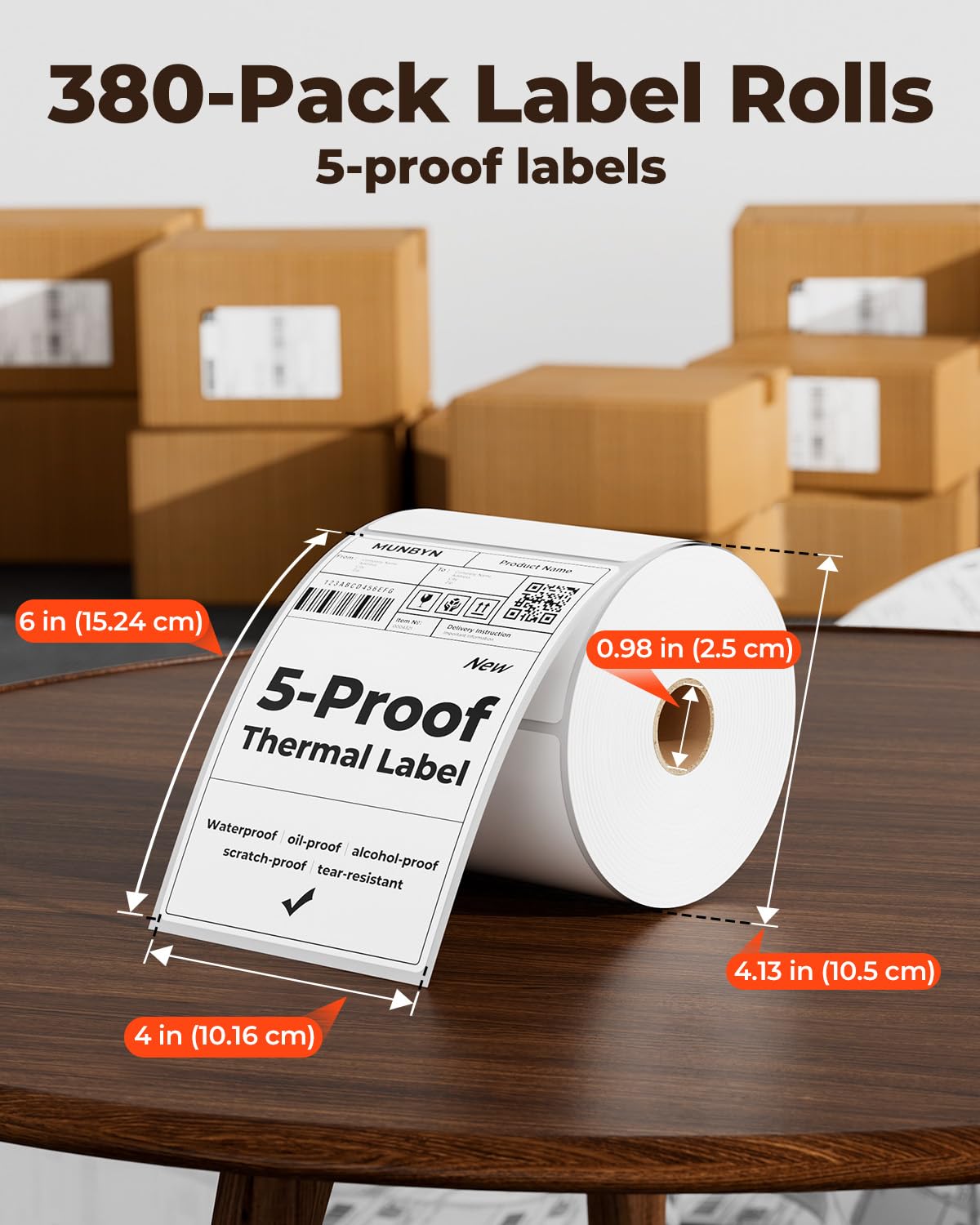 MUNBYN 4"x6" Direct Thermal Shipping Labels, Durable Waterproof, Oil-Proof, Scratch-Proof, Alcohol-Resistant, Tear-Resistant Label Paper for Thermal Printers, Packages, and Logistics, 380 Sheets/Roll