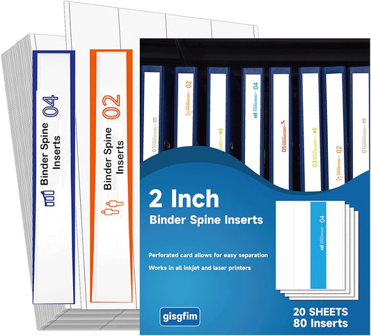 gisgfim 20 Sheets Binder Spine Inserts 2 Inch Spine Width White Binder Labels 92LB Printable Side Identifiers for Inkjet Laser Printers Cardstock View Binders Labels 4 Inserts/Sheet