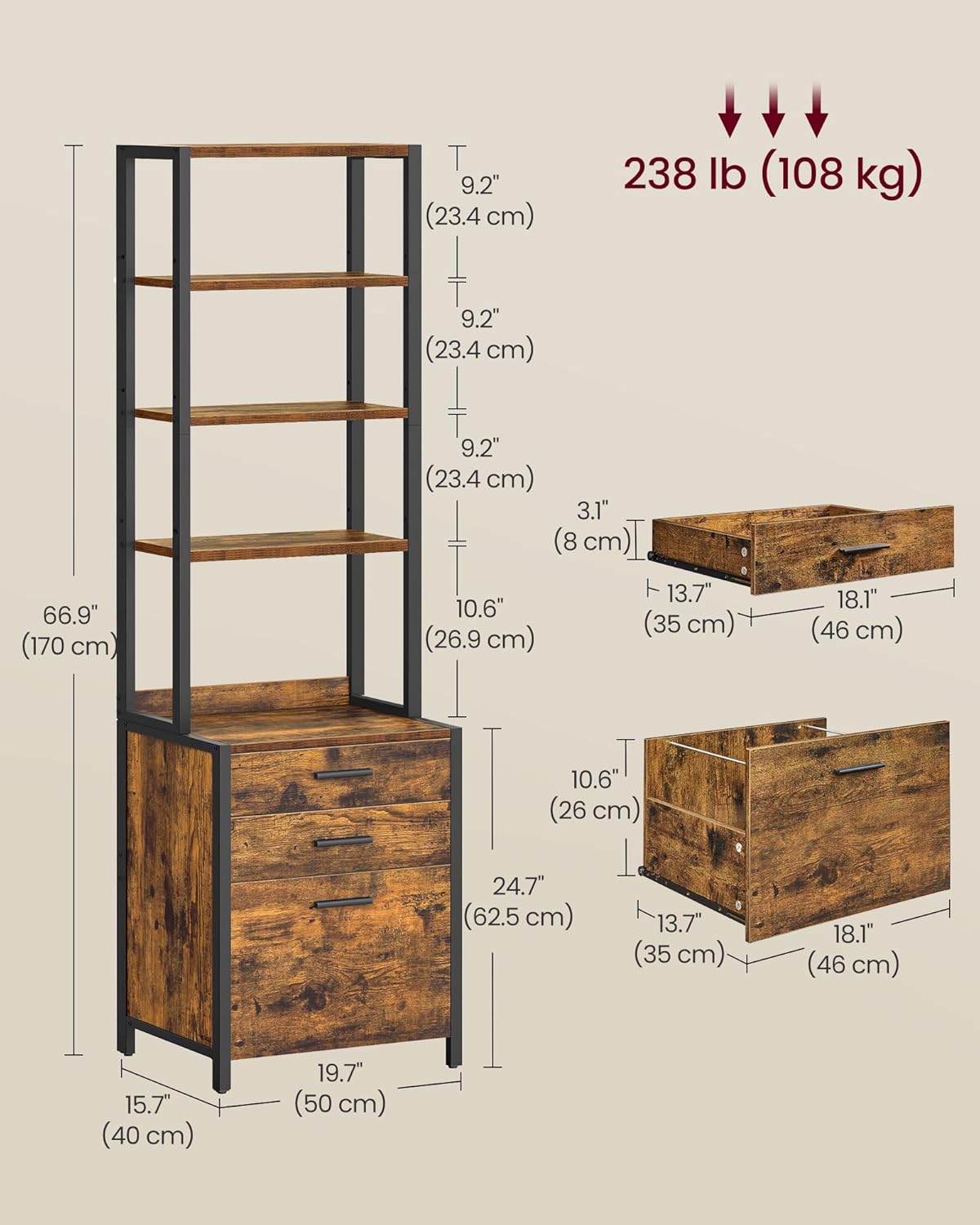 VASAGLE File Cabinet, Home Office Filing Cabinet with Height-Adjustable Open Shelves, 3 Drawers, for A4, Letter-Size Hanging File Folders, Steel Frame, for Home Office, Rustic Brown UOFC078B01