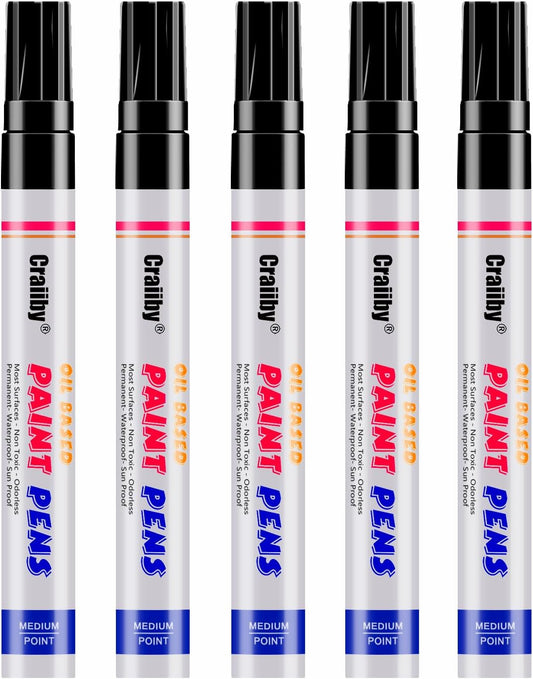 Black Paint Markers, 5 Pack Oil-Based Waterproof Quick Dry Permanent Paint Pen Set for Rocks Painting, Wood, Fabric, Plastic, Canvas, Glass, Mugs, Metal, Tire, Stone, DIY Craft
