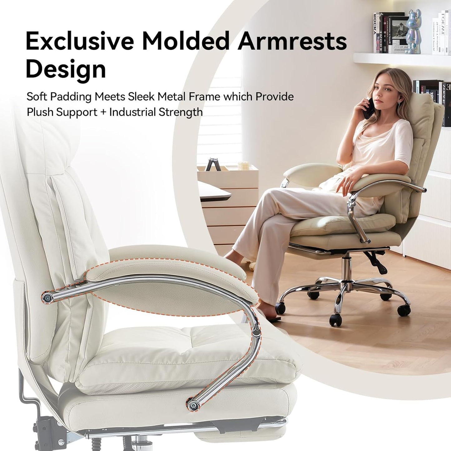 LEAGOO Office Chair with Foot Rest, Ergonomic Executive Office Chair with Arms, Reclining High Back PU Leather Comfy Swivel Computer Desk Chairs with Wheels and Lumbar Support for Home Office, Cream