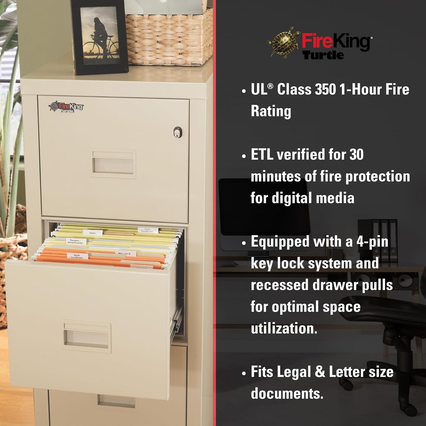 FireKing Turtle Vertical 2 Drawer Legal and Letter Fire Safe File Cabinet with Key Lock, 1 Hour Fire Rated, UL Rated & Water Resistant Home Safe, Filing Cabinet, Made in The USA, Parchment