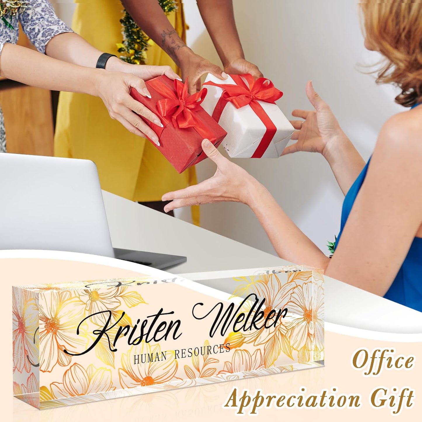 Name Plate for Desk, Desk Name Plate Personalized, Office Decor for Women Men, Acrylic Desktop Accessories, Office Appreciation Gifts for Boss Social Workers Nurse Teacher Employee (White/Gold)