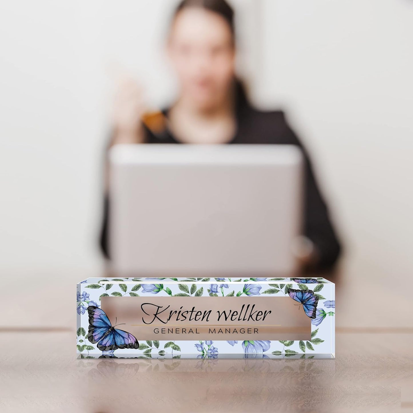 Desk Name Plate Personalized, Premium Purple Blue Butterfly Acrylic Desk Name Plate, Personalized Name Plate for Desk, Office Decor for Women or Men Coworkers, Boss, Employee, Teacher