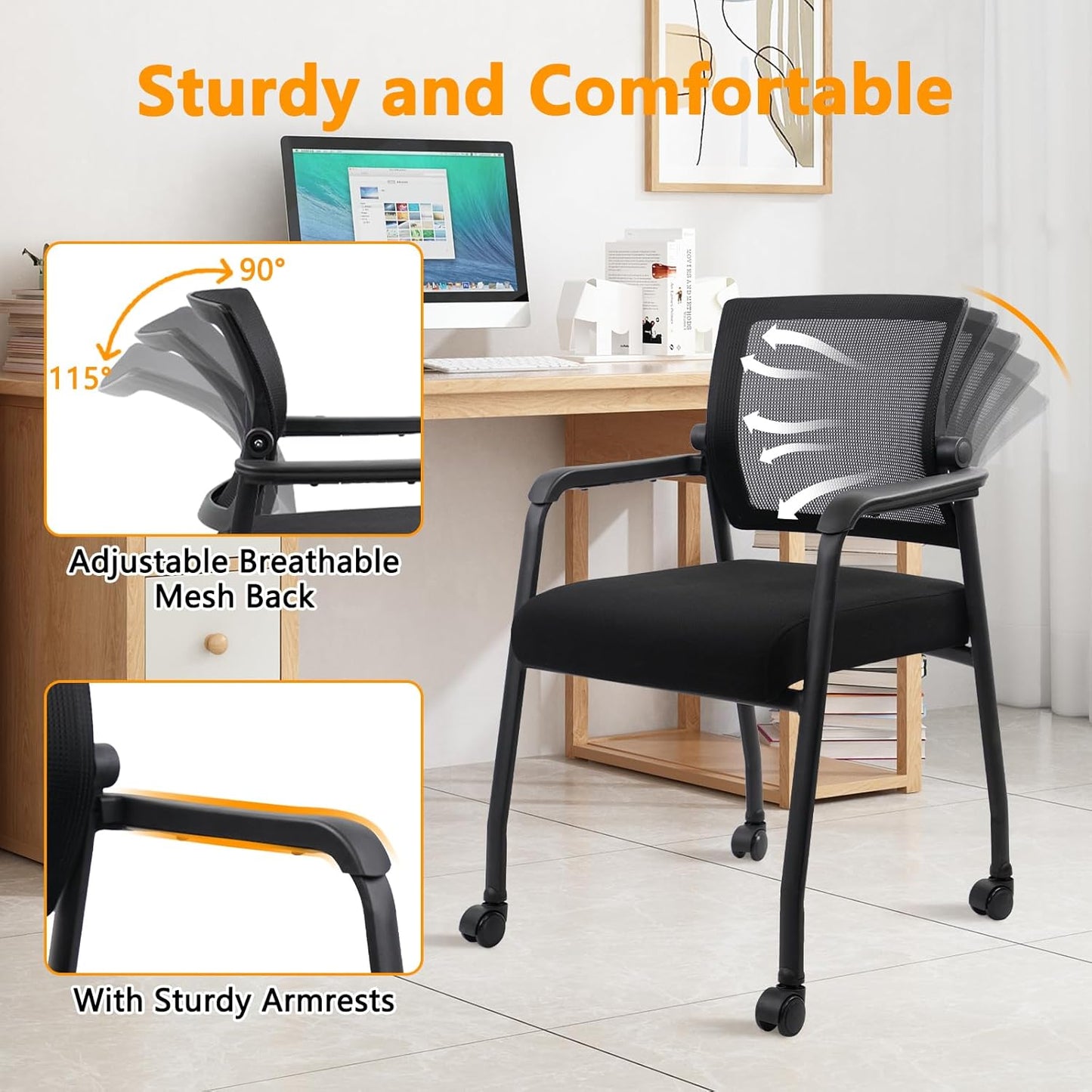 Waiting Room Chairs with Wheels, Adjustable Mesh Backrest, Desk Chair with Ergonomic Lumbar Support and Thickened Seats Cushion, 2 Pack Black