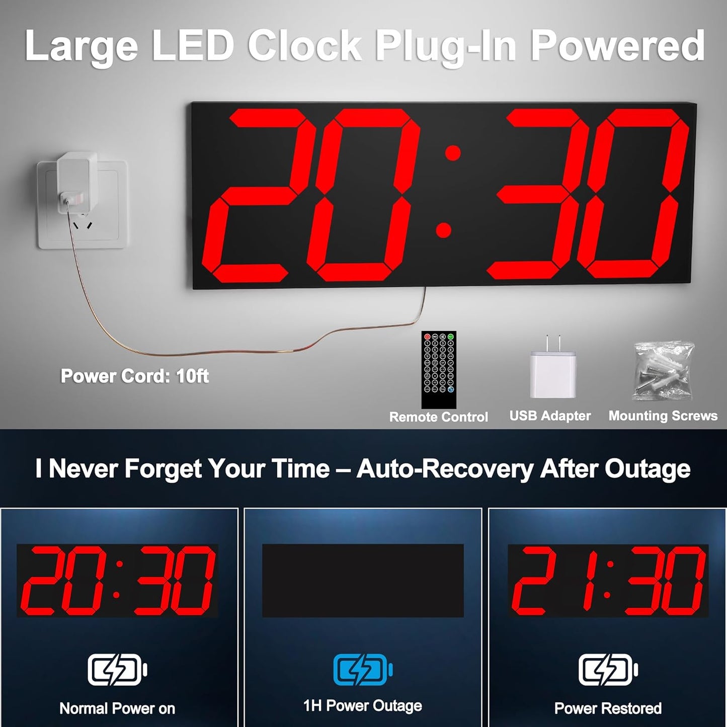 Digital Clock with Large Display 18.7 Inch, GPS Auto-Sync Time, Wall-Mounted with Remote Control, Ideal for Classroom Use