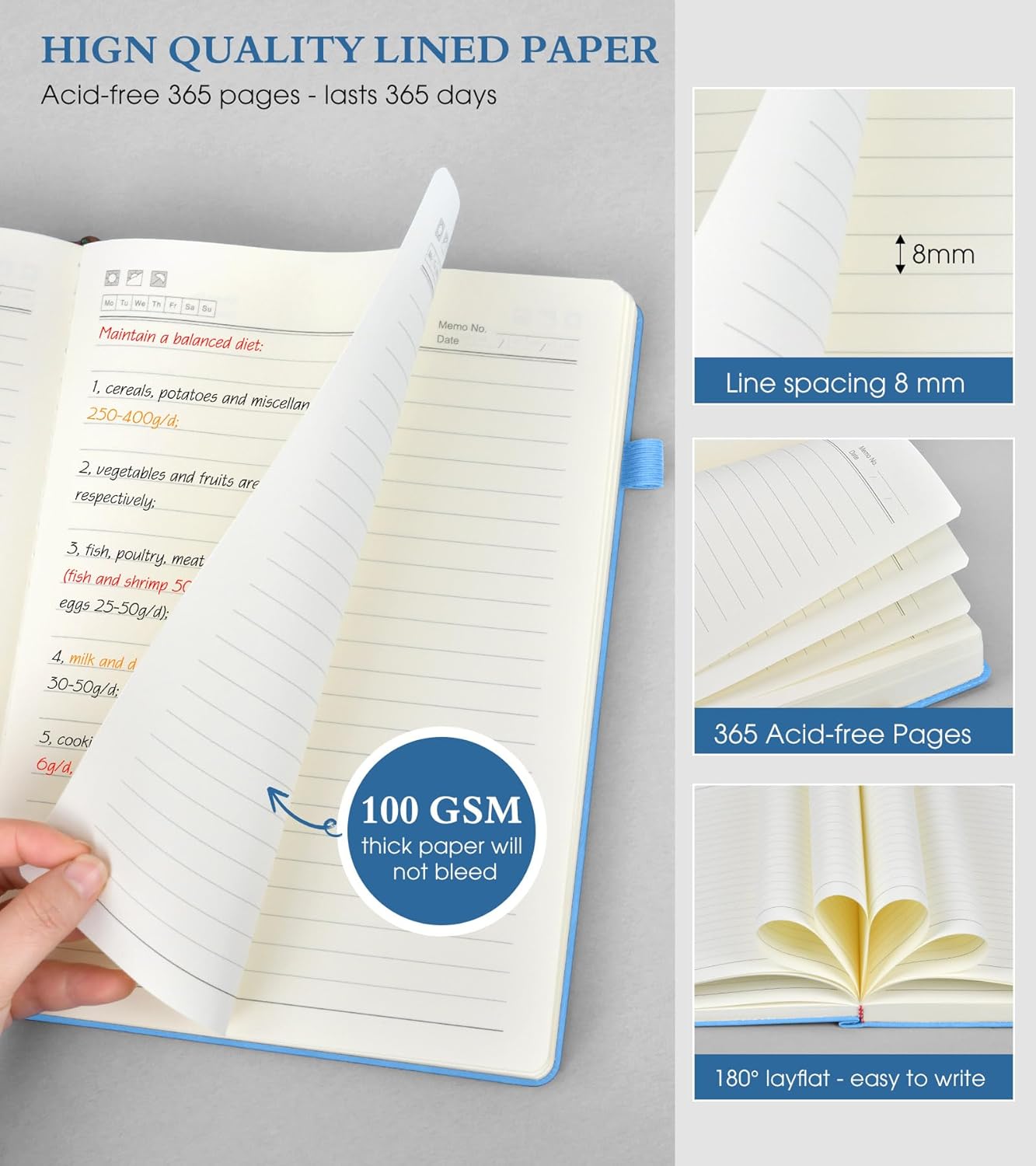 B5 Lined Journal Notebook - 365 Page Large Leather Journals for Writing Women Men，Hardcover Notebook with 100Gsm Thick Pages，Daily Diary for Travel, Work，School，College Ruled (7.6" x 10.3")