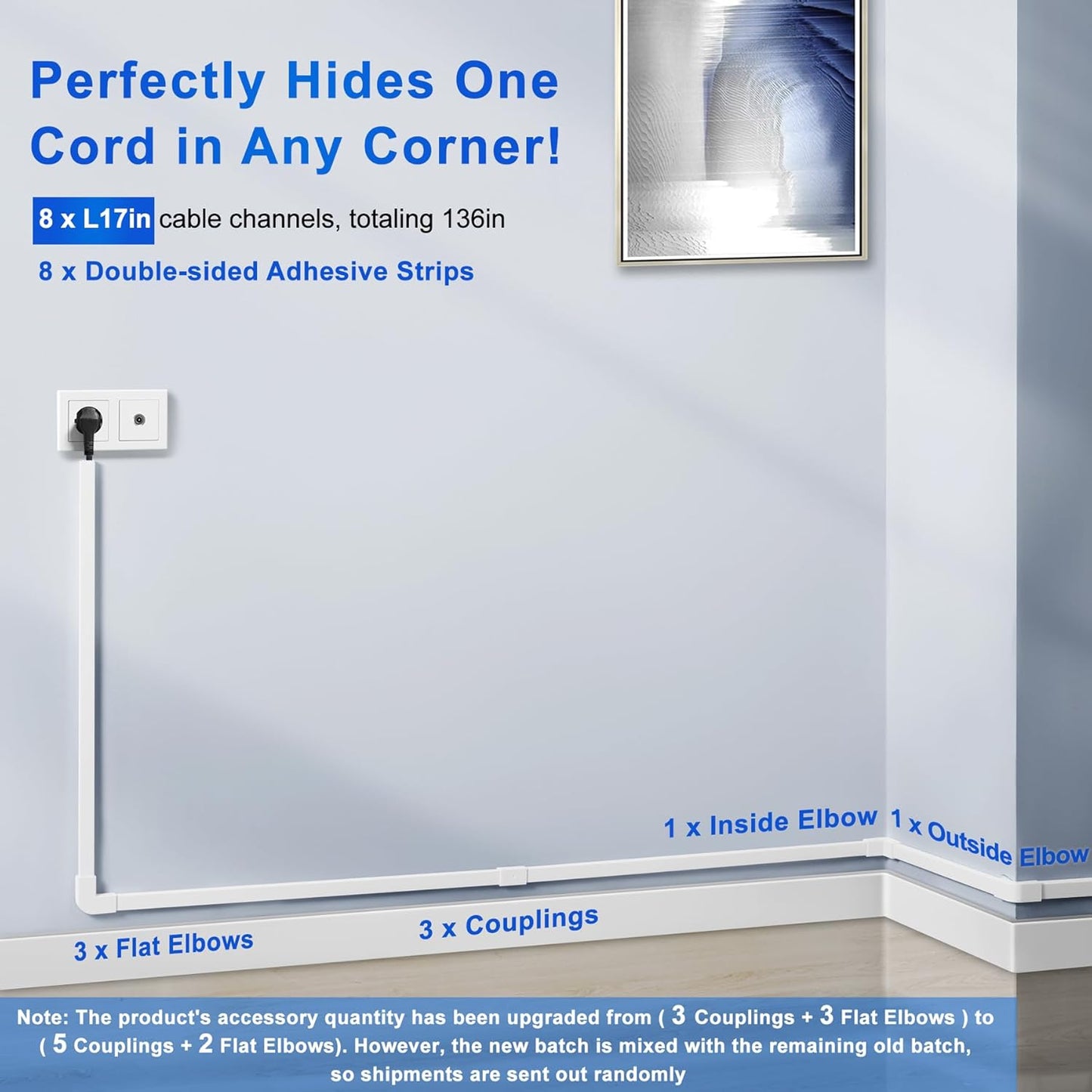 Cord Hider Wall for One Cord, 136in Cord Covers for Wires on Wall, Easy Install Cable Cover Wall, Cable Raceway White Hide Cords, Cable Hider Cord Management Wall, 8X L17in W0.6in H0.4in