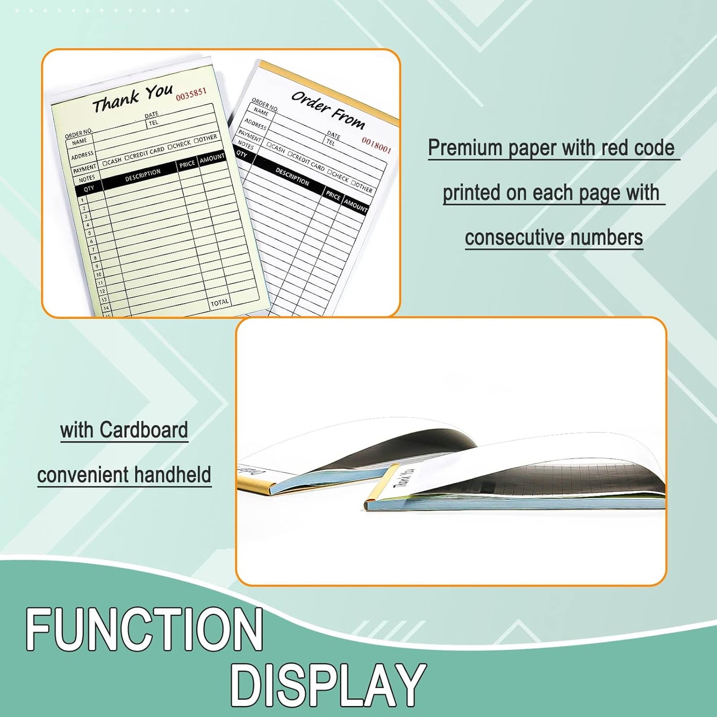 Receipt Book with Cardboard 2-Part Carbonless, Order Forms for Small Business