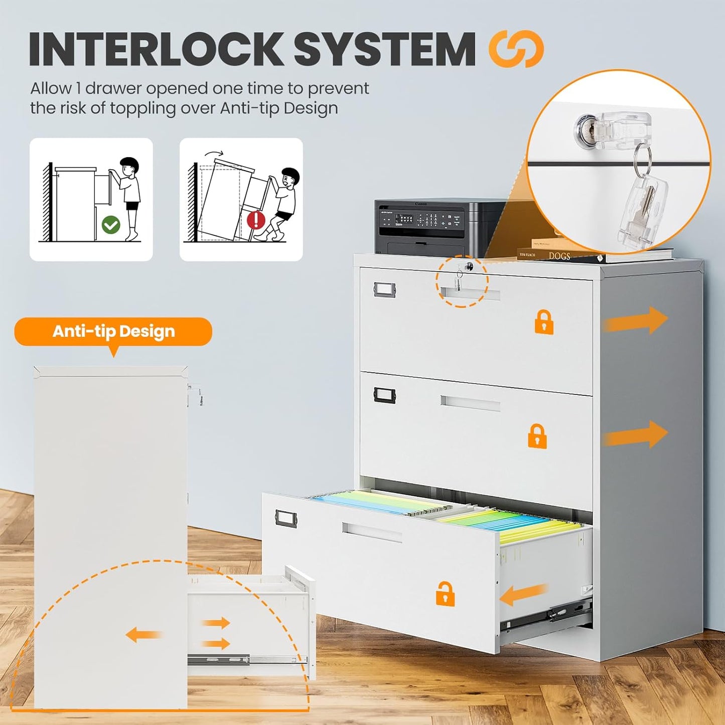 3 Drawer File Cabinets for Home Office, Metal Filing Cabinet with Lock, White Locking File Caninet Three Drawer, Office Storage Caninets Steel Cabnet for Letter/Legal/A4/F4-Assembly Required