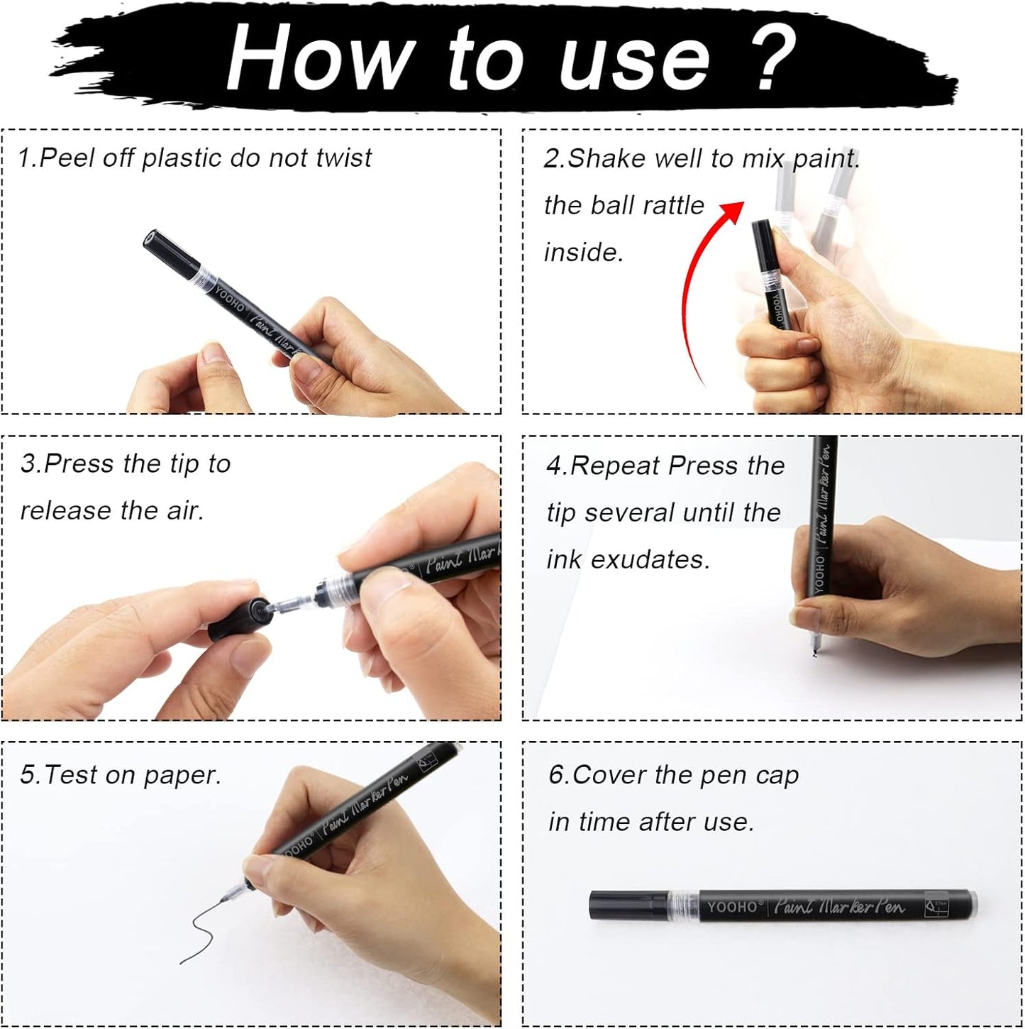 Paint Pen White Black Acrylic Marker Set for Rock Wooden Tire Metal Leather Glass Painting, 0.7mm Fine Point Quick Drying (3pcs Black +3pcs White)