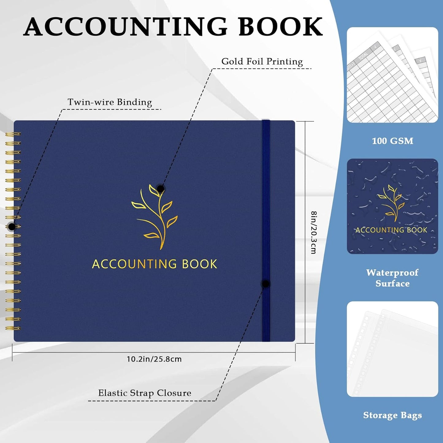 Accounting Ledger Book for Small Business & Personal Use, Horizontal Expense Tracker Notebook Ledger Book for Bookkeeping, Financial Income and Expense Log Book 10.2" x 8", Dark Blue