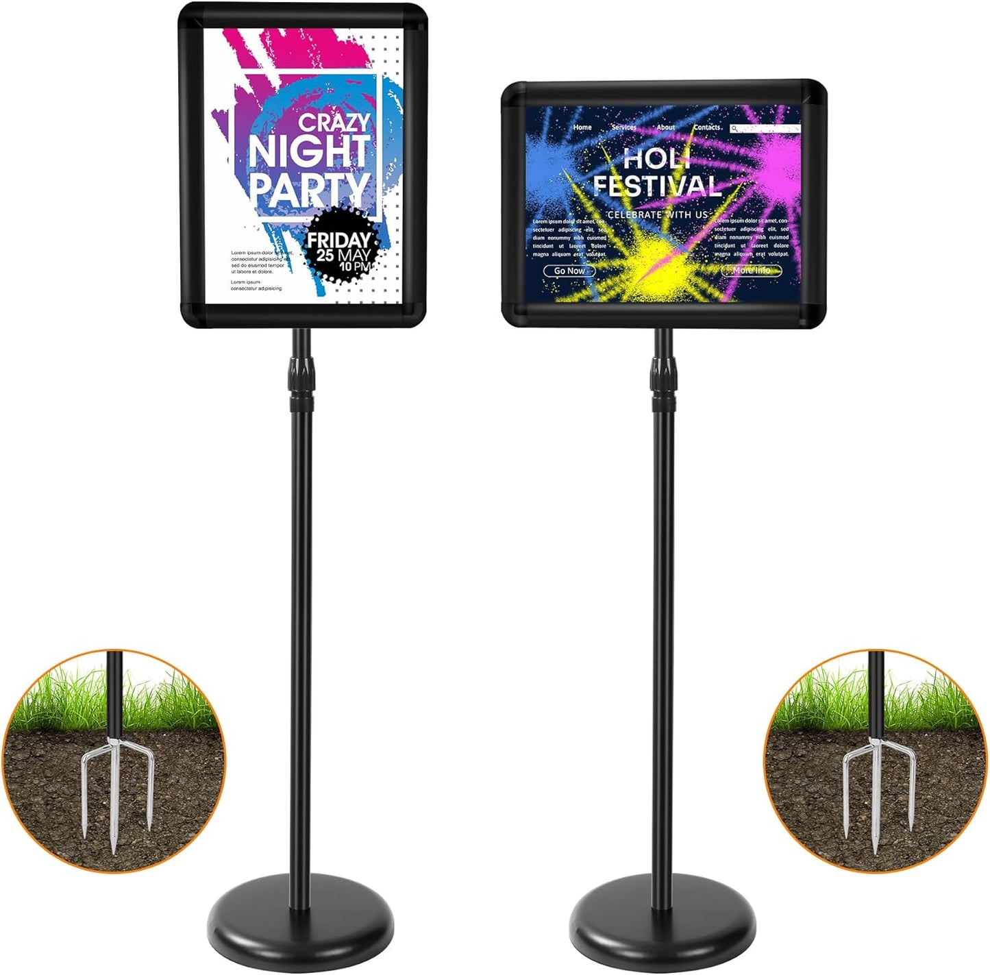 2 Pack Sign Holder Stand 8.5 x 11, With 3-Prong-Base & Round Base, Poster Stand Aluminum Snap Open Frame for A4 Size Outdoor Indoor Sign Stand, Height Adjustable-Black