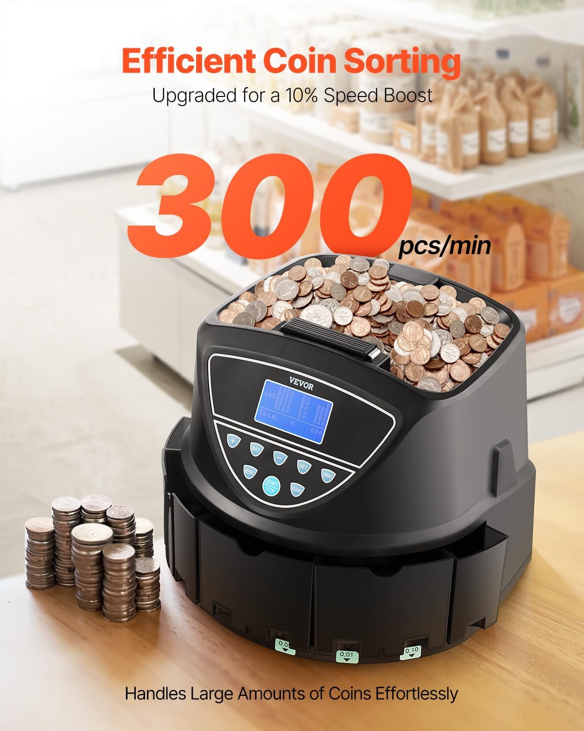 VEVOR Upgraded Coin Counter & Sorter, Coin Sorter and Wrapper Machine with Intuitive Display, Change Counter for USD Coins 1￠ 5￠ 10￠ 25￠ $1, Sorts up to 300 Coins/Min, with 5 Coin Tubes and 5 Trays