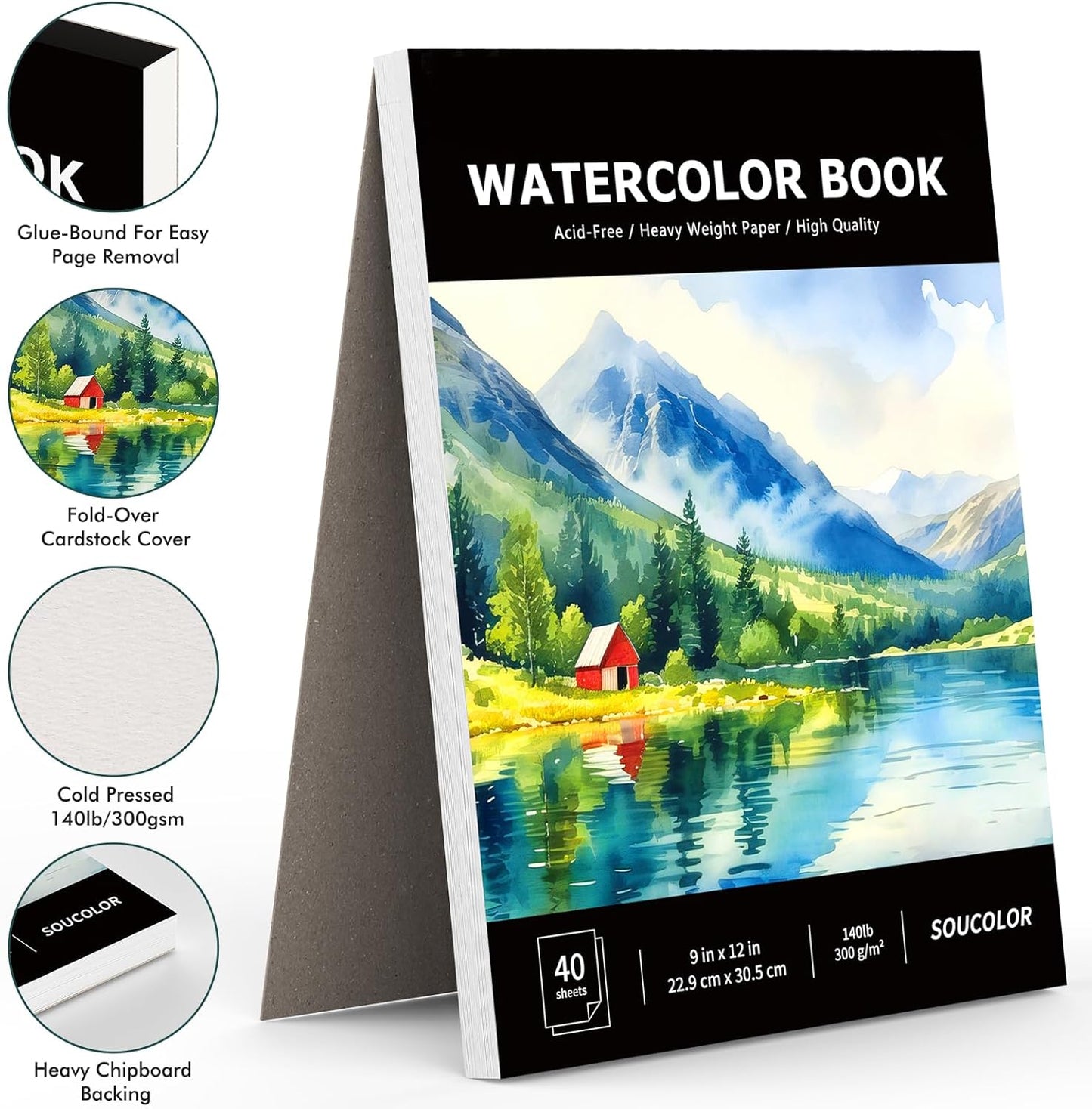 Soucolor Watercolor Paper Pad, 9"x12" Water Color Paper, 140lb/300gsm 40 Sheets Artist Painting Drawing Paper Book, Art Supplies for Adults Kids, Watercolor Paint Set, Sketchbook, Journal, Notebook