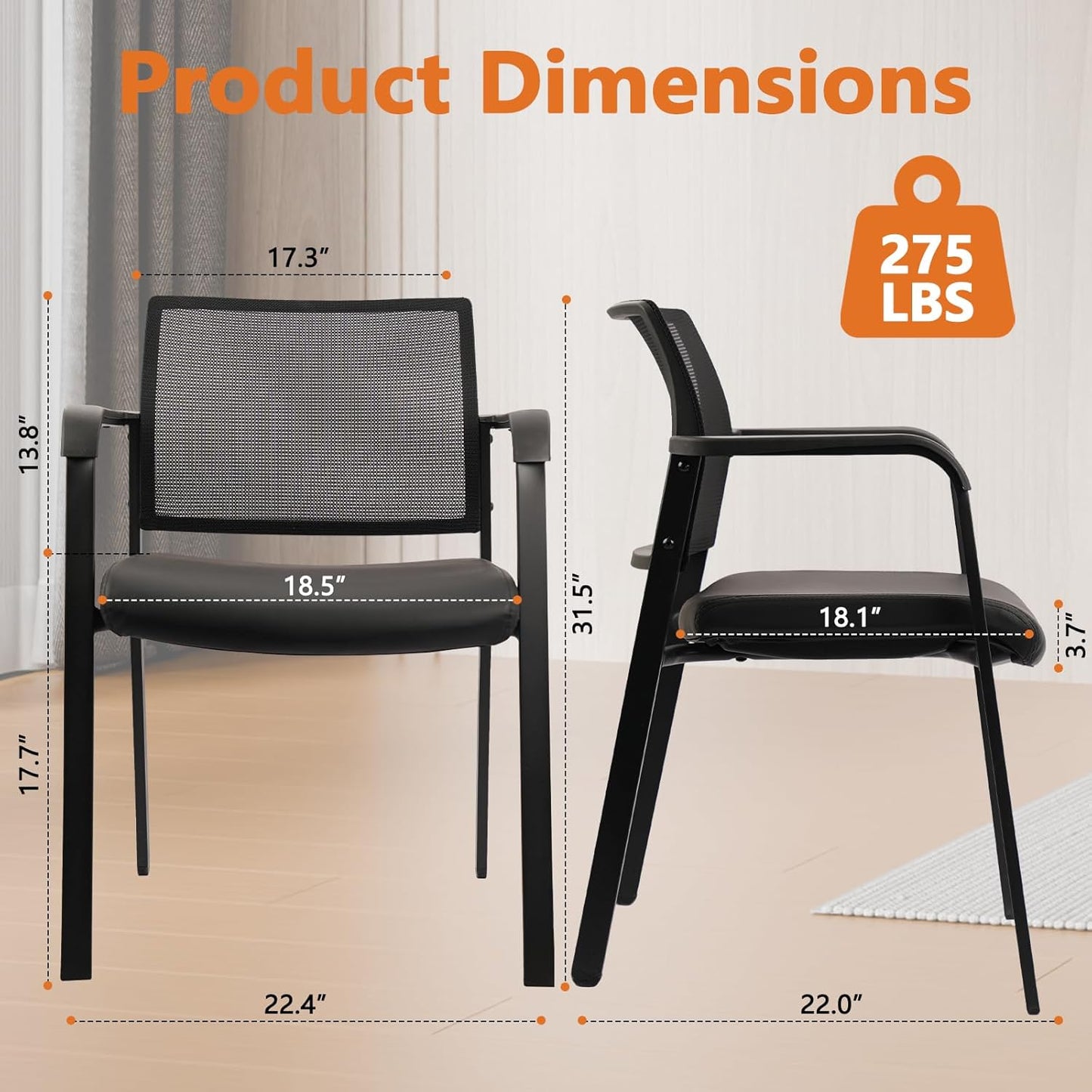 CLATINA Stackable Office Chair, Mesh Back Guest Chairs with Comfortable Leather Seat Arms Stacking Ergonomic Desk Chair No Wheels for Conference Waiting Reception School Stationary, Black, Set of 4