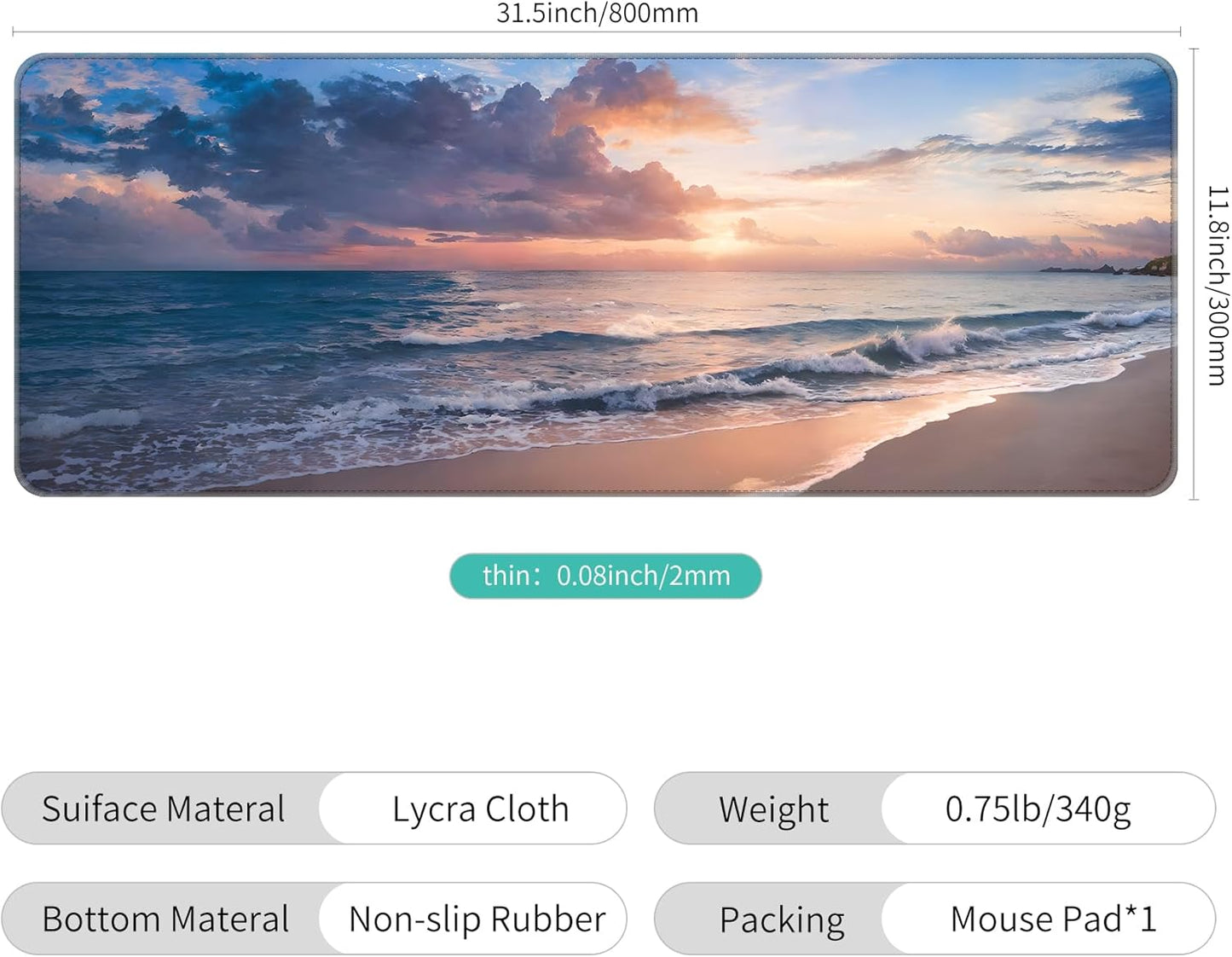 Dynippy Thin Extended Gaming Mouse Pad with Stitched Edges Large Mousepad Long XXL Keyboard and Mouse pad Desk Mat for Gaming Office & Home - Galaxy Space (Beach)