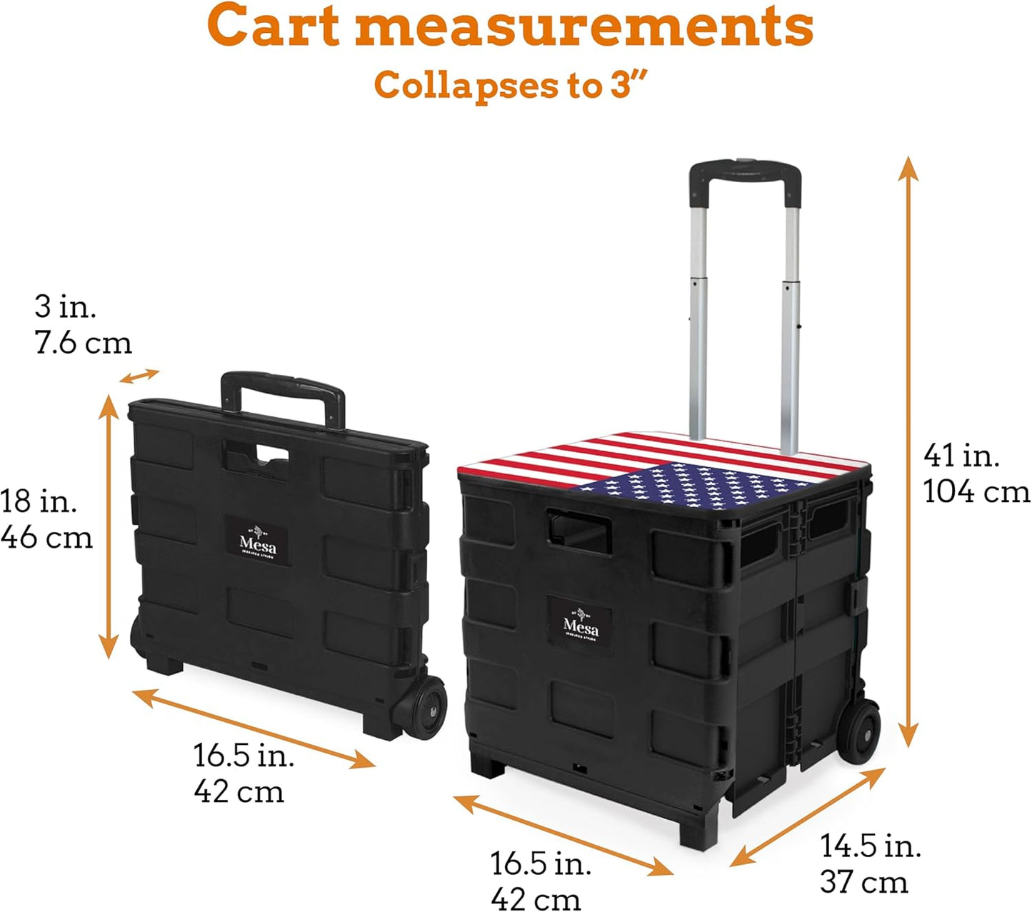 Inspired Living Collapsible Ultra-Slim Pack-N-Roll,2 Wheel Utility Cart w/Lid Used as Seat up to 250 Lbs, Telescopic Handle, Super Strong, for Home,Garden,Shopping,Office,School, Large, American Flag