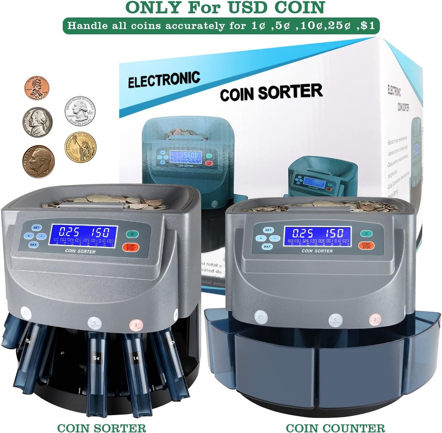 8T8 USD Coin Counter Machine - Professional Automatic Coin Sorter and Wrapper/Roller with LCD Display and 5 Coin Bins and Tubes