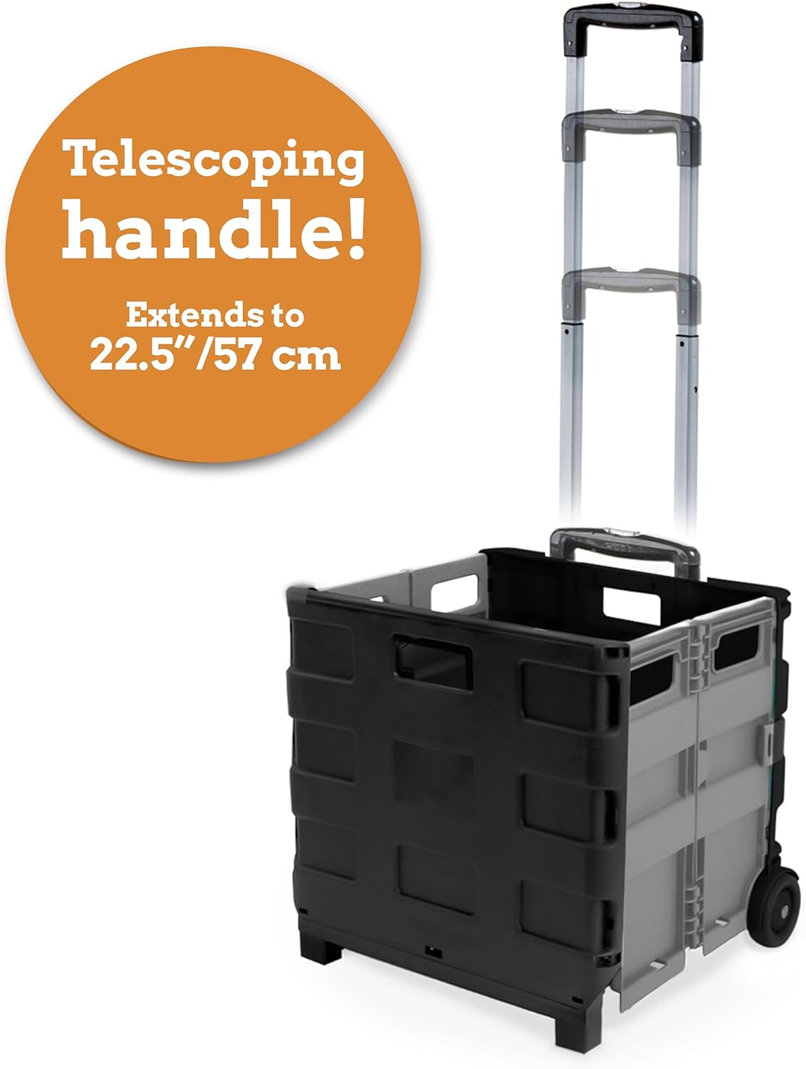 Inspired Living Ultra-Slim Rolling Collapsible Storage Pack-N-Roll Utility-carts, with Telescopic Handle, for Home, Garden, Shopping, Office, School use, Large, Grey & Black