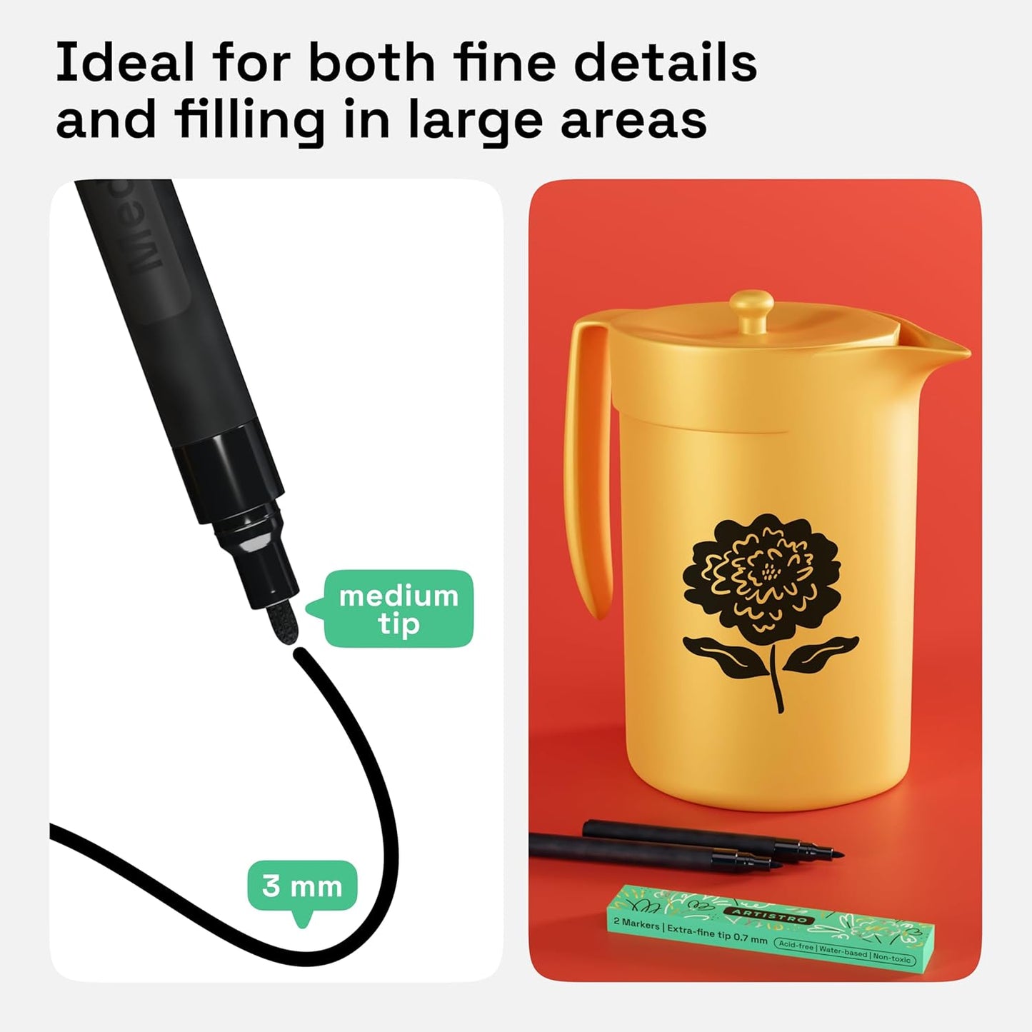 ARTISTRO 2 Black Acrylic Paint Markers - 3mm Medium-Tip Paint Pens - Perfect for Crafting, Art Projects, & More