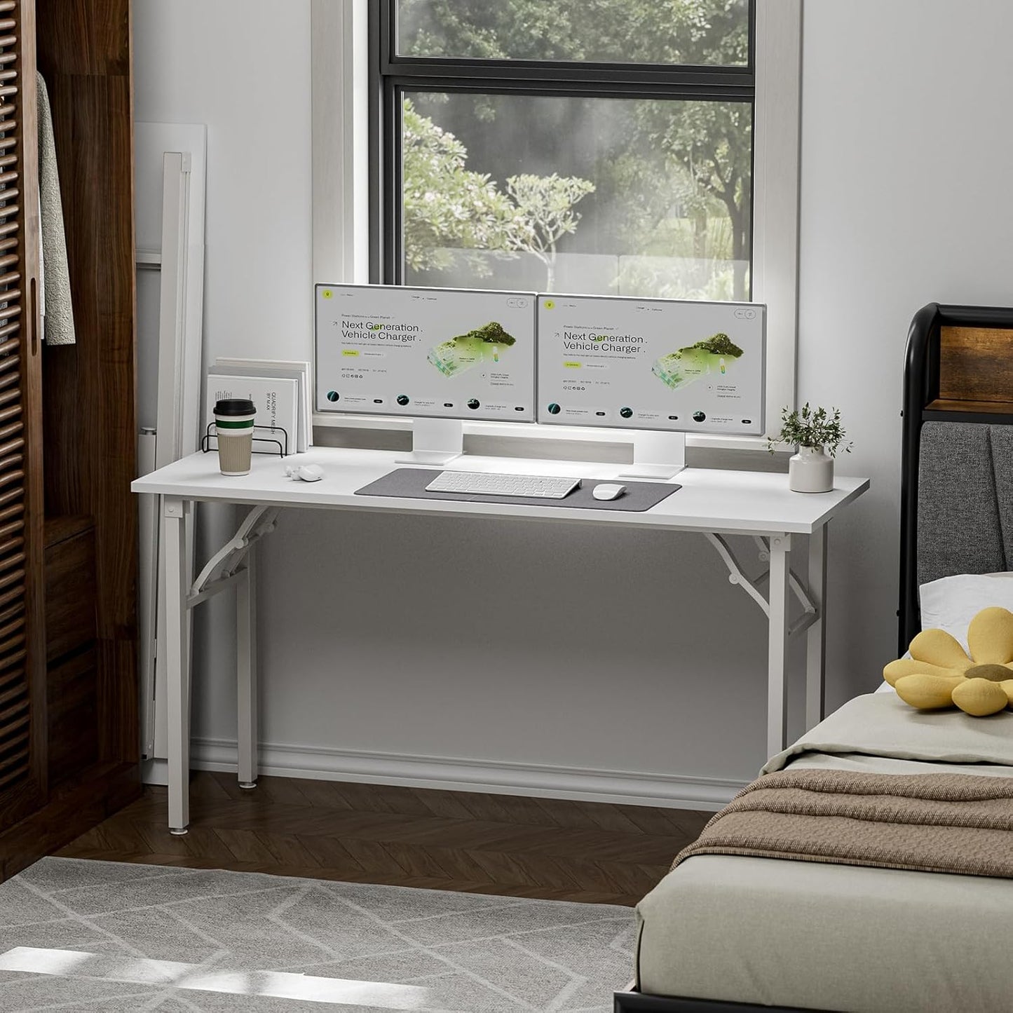 TEMI Long Computer Desk Folding Table - 55.1" Foldable Office Desk, No Assembly, Perfect Writing Table for Bedroom, Dorm, or Apartment, Portable Large Desk or Study Table with Compact Design, White