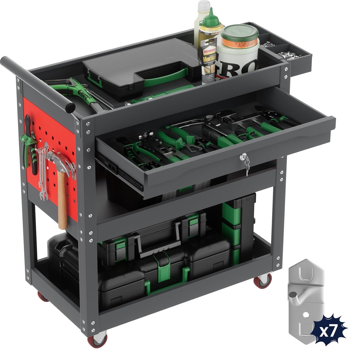 ALANNG 330 LBS Rolling Tool Cart with 1 Drawer & 3 Shelves | Heavy Duty Mechanic Cart Includes 7 Hooks, 2 Pegboards & Screw Organizer | Metal Service Cart for Garage Workshop (Grey, 1 Pack)