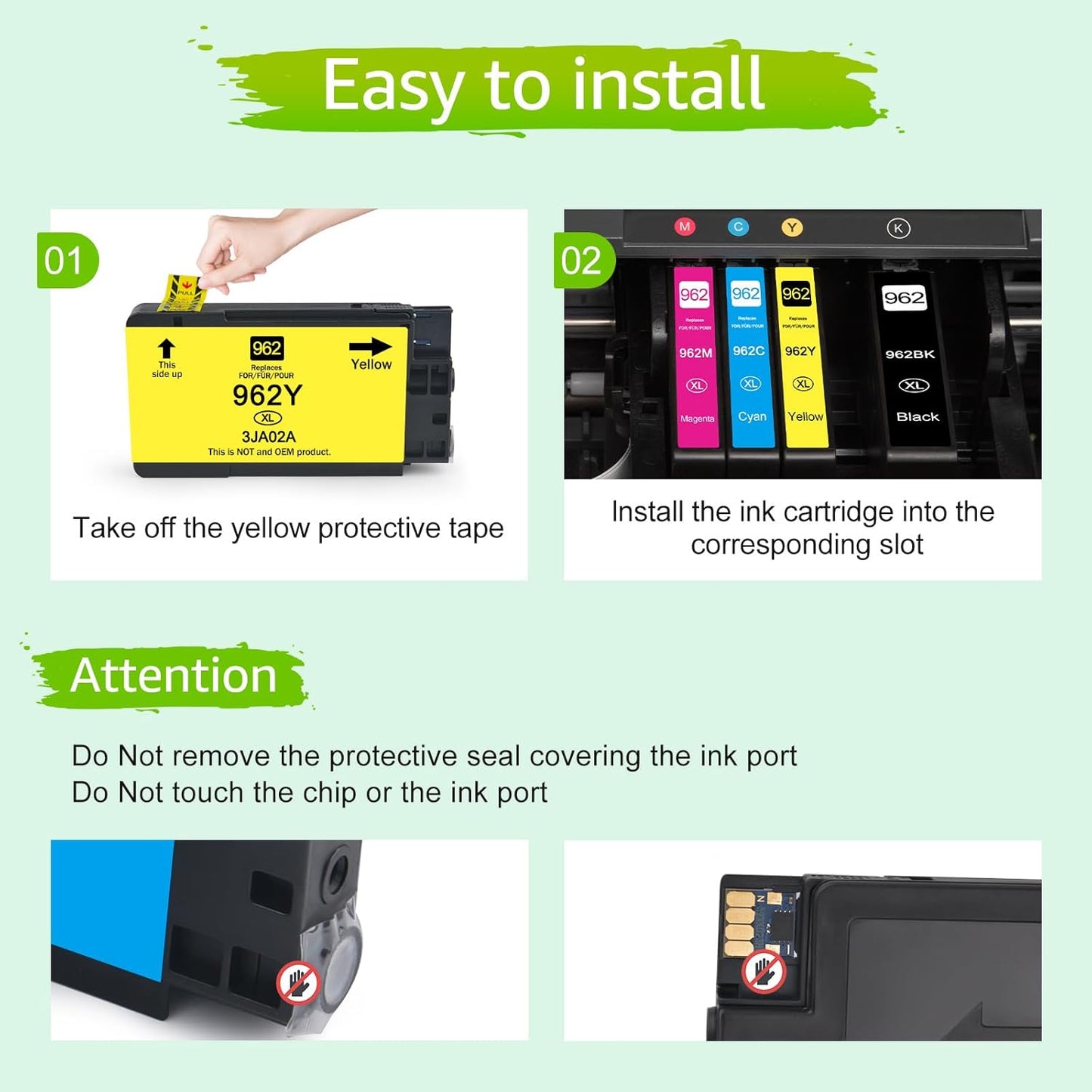 Upgraded 962XL Ink Cartridges Combo Pack Replacement for HP 962XL 962 XL High Yield Black & Color Ink Cartridge Set Work for HP OfficeJet Pro 9010, 9020 Series Printer (1BK/1C/1M/1Y, 4 Pack)