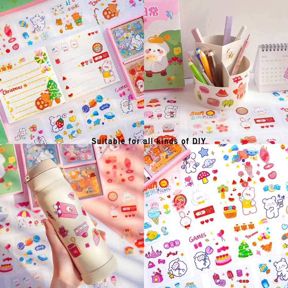 Kawaii Cartoon Rabbit Bear Stickers - EAMOTOL 800 PCS/100 Sheets Transparent PVC Cute Animals Bunny Sticker Kit for Scrapbooking Supplies Planner Clipping Bullet Junk Journals DIY Crafts Letter Cards