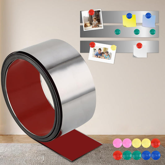 Self Adhesive Backing Metal Strip for Magnets, Flexible Ferrous Memo Tapes Roll for Bulletin Boards in Studio, Office, School (Glossy Silver, 118''L x 3.15''W, Contains 40 Magnets)