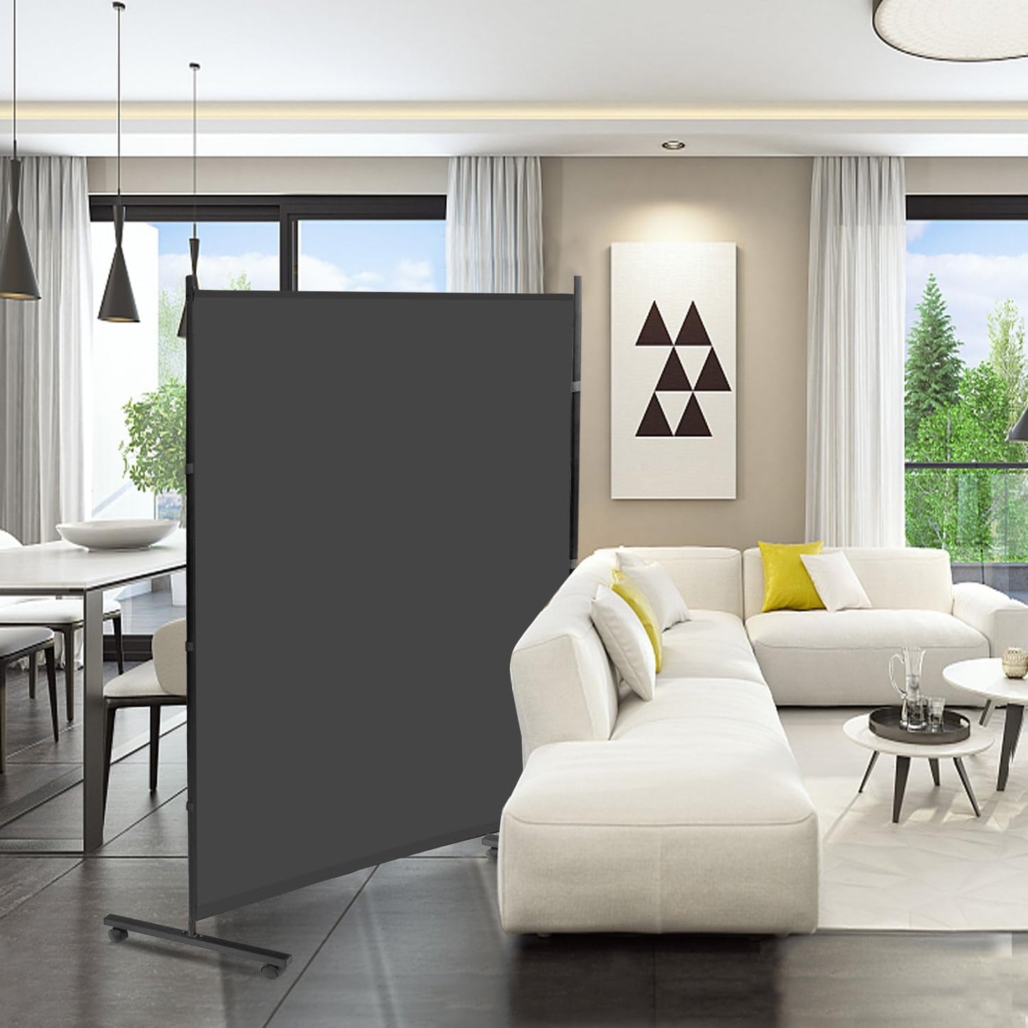 MAYOLIAH Large Single Panel Room Divider on Wheels, 71”W x 75”H Rolling Privacy Screen, Portable Wall Divider for Home Office Partition, Grey