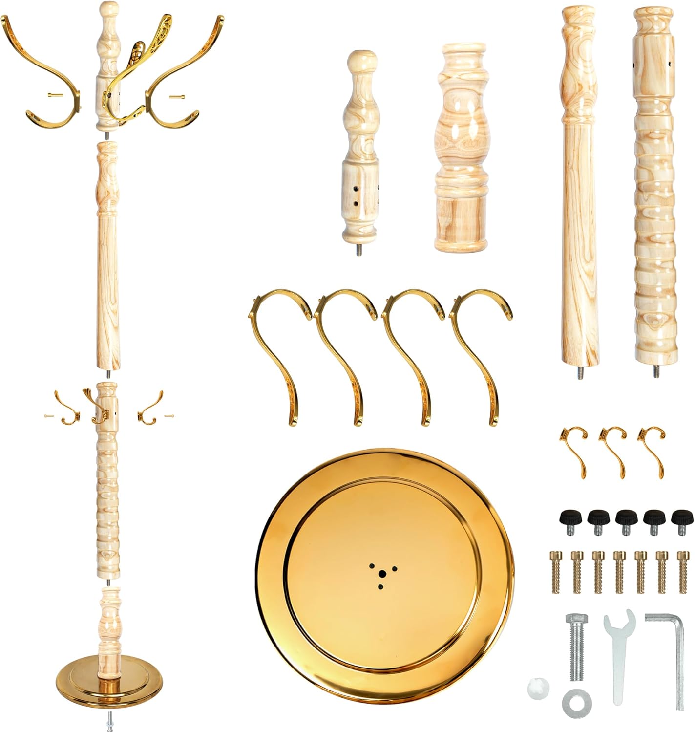 Vintage Free Standing Coat Rack with Disc Base, Solid Wood Coat Hanger Stand with 14 Metal Hooks and Adjustable Height, Standing Coat Rack Tree for Entryway, Bedroom, Hallway, Office, Apartment