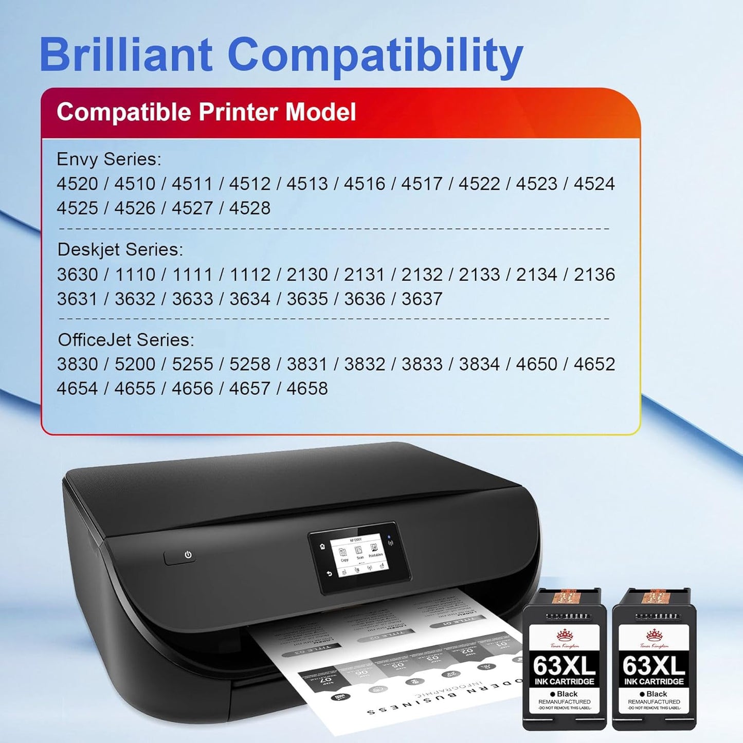 Toner Kingdom 63XL Ink Cartridge Remanufactured for HP Ink 63 XL Black Ink Cartridge High Yield Works with OfficeJet 3830 4630 4650 4655 5252 5255 5258 Envy 4520 4512 DeskJet 1112 2130(2 Black)