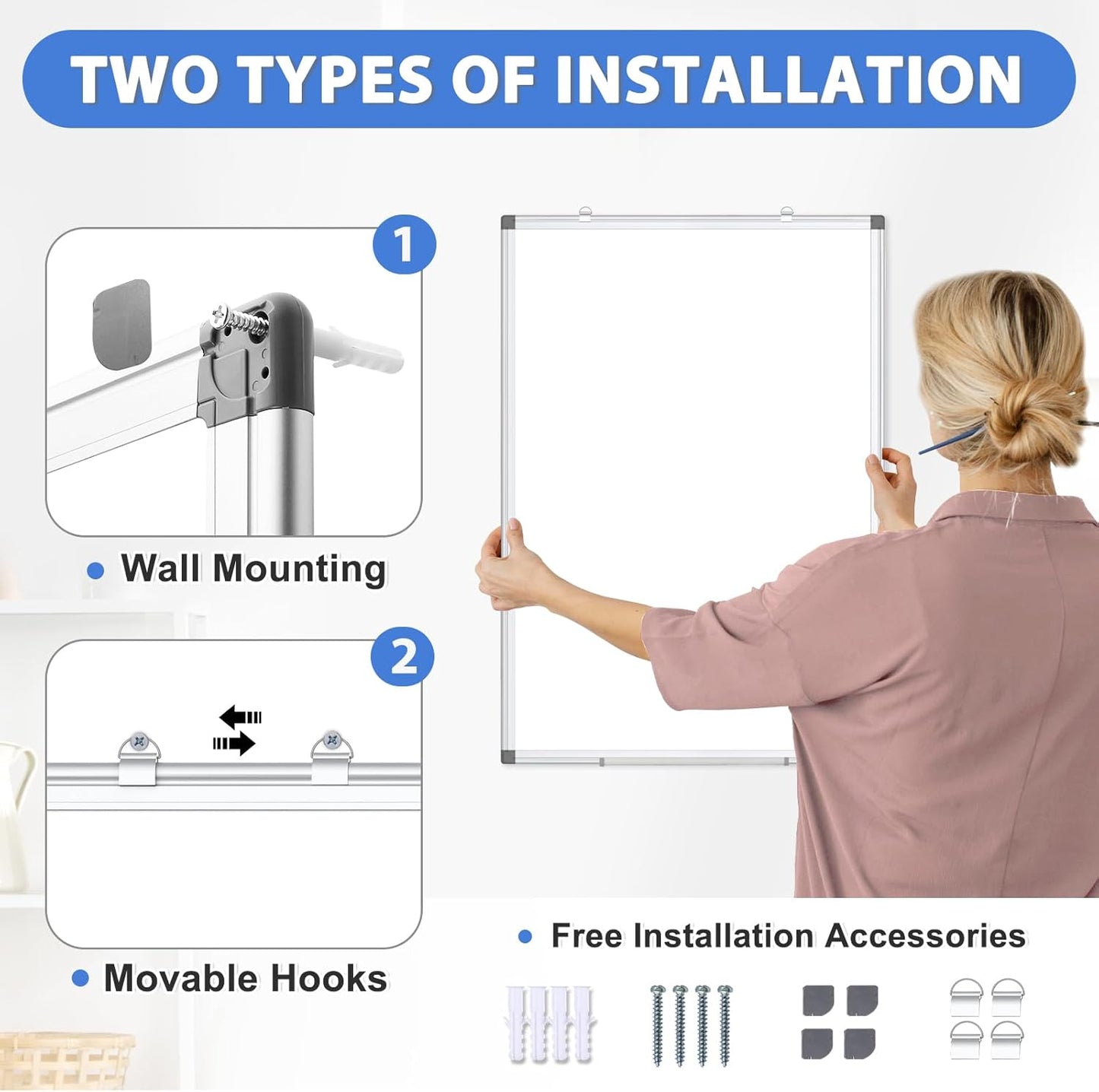 WALGLASS Large White Board, 60" x 40" Double-Sided Dry Erase Board Magnetic Whiteboard for Wall, Hanging Mounted Whiteboard Silver Aluminium Frame for Home, School, Office