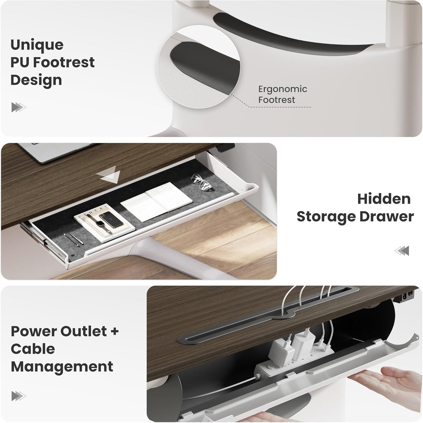 COLAMY Electric Standing Desk, Whole-Piece Gaming Desk with Dual Motors, Ergonomic Footrest, Drawers for Storage, Adjustable Height Sit-Stand Desk for Home Office (MFC Desktop, Walnut + White)