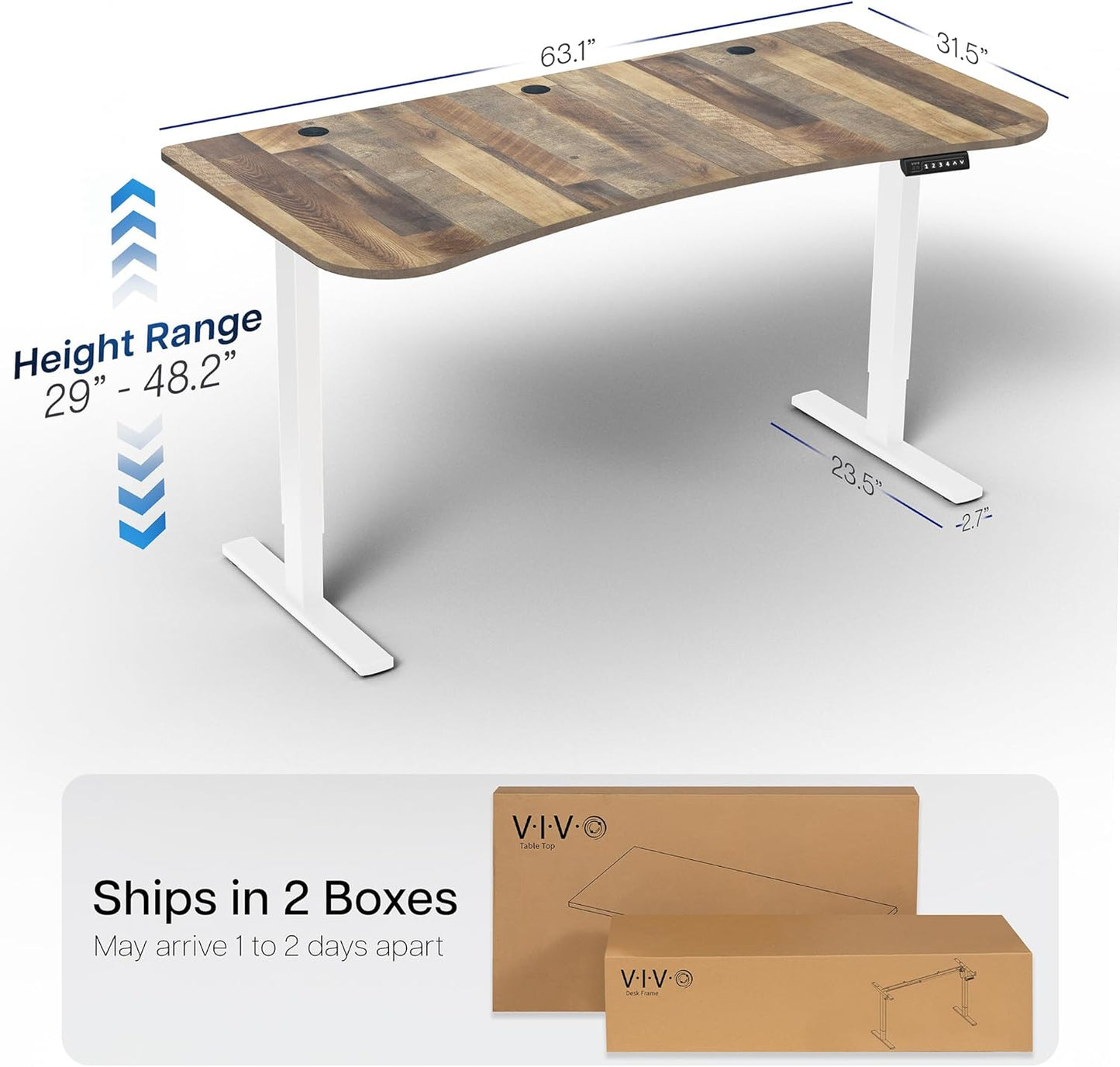 VIVO Electric 63 x 32 in Standing Desk, Memory Height Adjustment, 1B Series, Reclaimed Wood Top White Frame, DESK-KIT-1W1P
