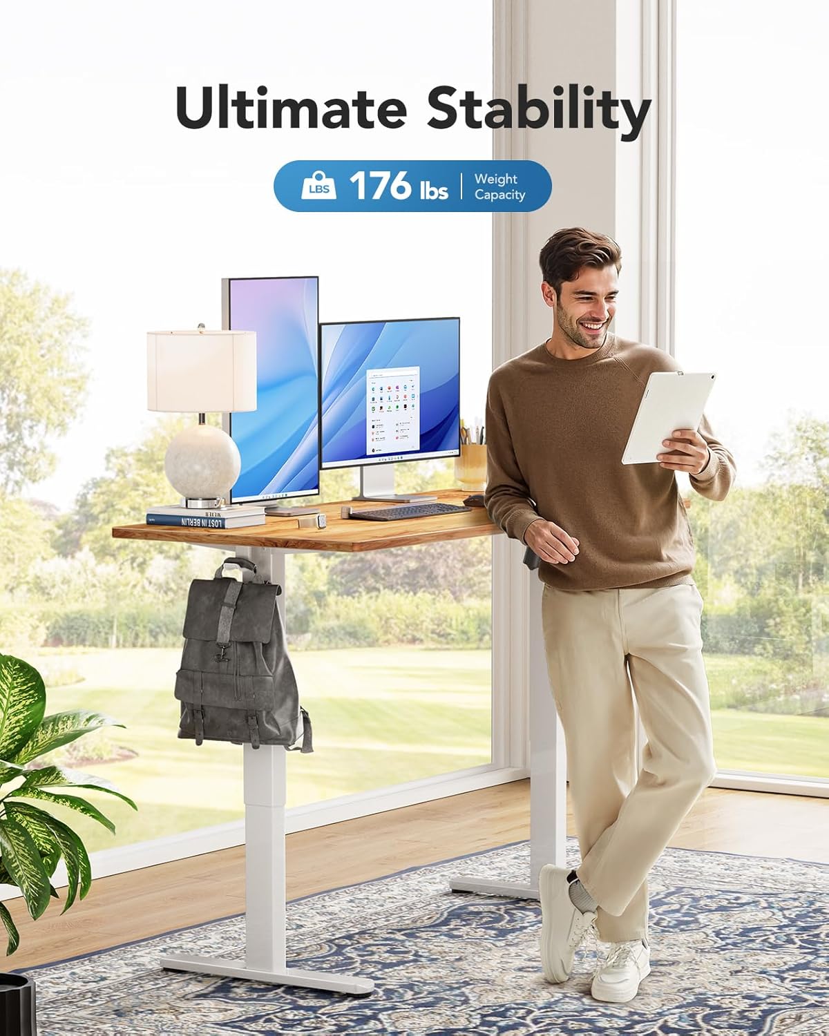 HUANUO Electric Standing Desk, 48" x 30" Whole Piece Desktop, Adjustable Height Computer Desk, 4 Height Memory Settings, Sit Stand Up Desks for Home Office, Light Vintage