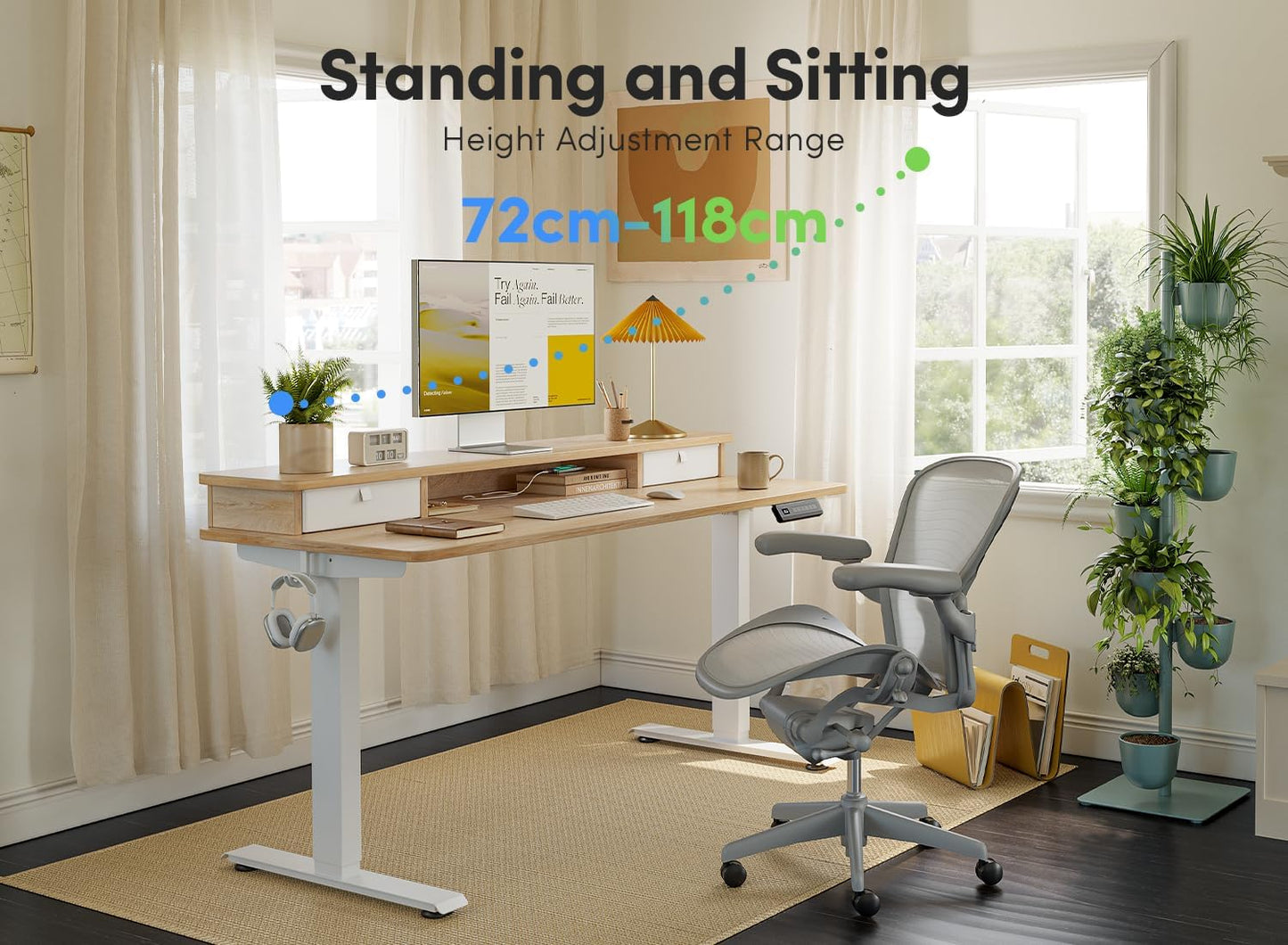 FEZIBO 40 x 24 Inch Height Adjustable Electric Standing Desk with Double Drawer, Computer Desk, Home Office Stand Up Table with 4 Height-Adjustable Feets & 2 Hooks, Light Rustic