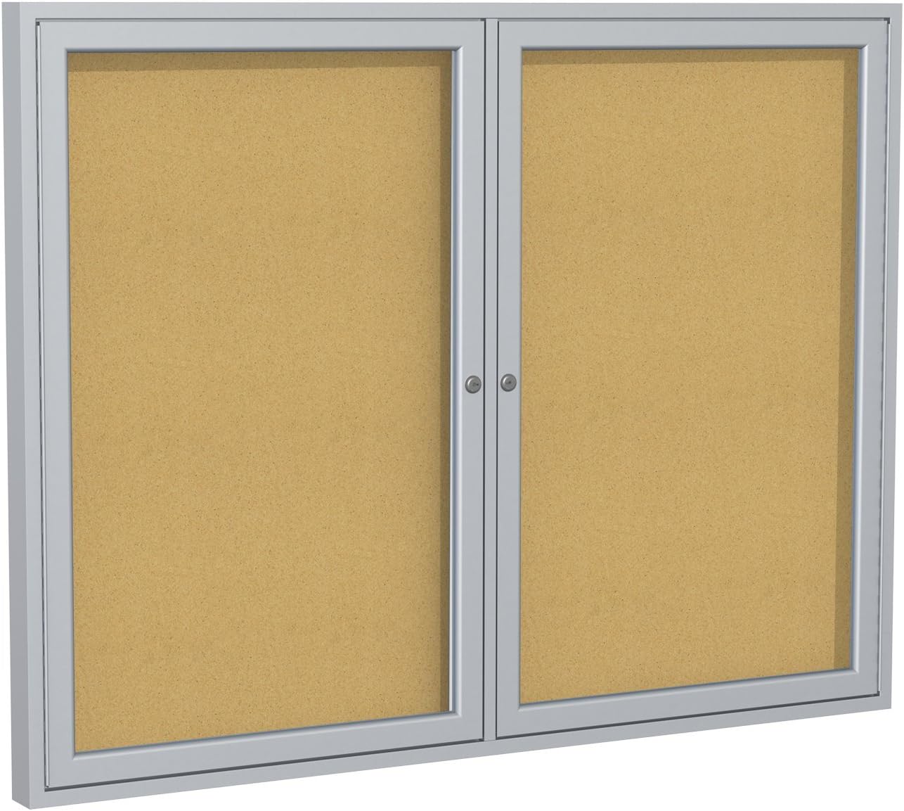 Ghent 36"x60" 2-Door indoor Enclosed Bulletin Board , Shatter Resistant, with Lock, Satin Aluminum Frame - Natural Cork (PA23660K) Made in the USA