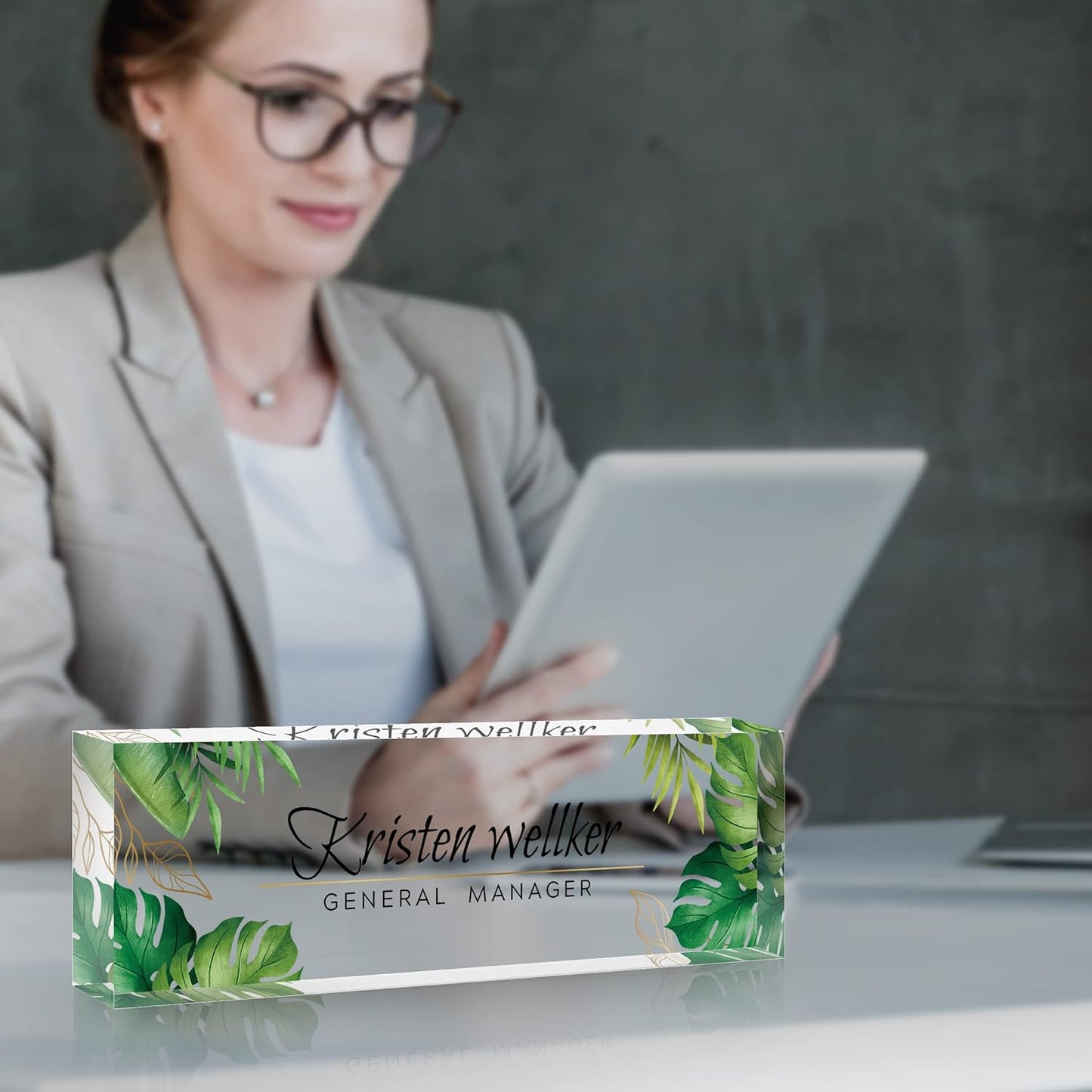 Premium Green Monstera Personalized Acrylic Name Plate - Desk Decor for Women or Men, Boss, Employee, Teacher