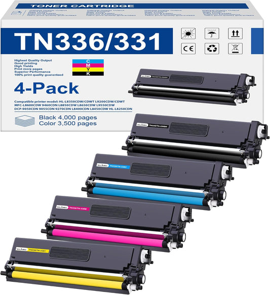TN336 Toner Cartridge High Yield Compatible Replacement for Brother TN-336 TN331 for Use with Brother HL-L8350CDW HL-4150CDN MFC-L8850CDW Printer (1BK,1C,1M,1Y, 4 Pack)
