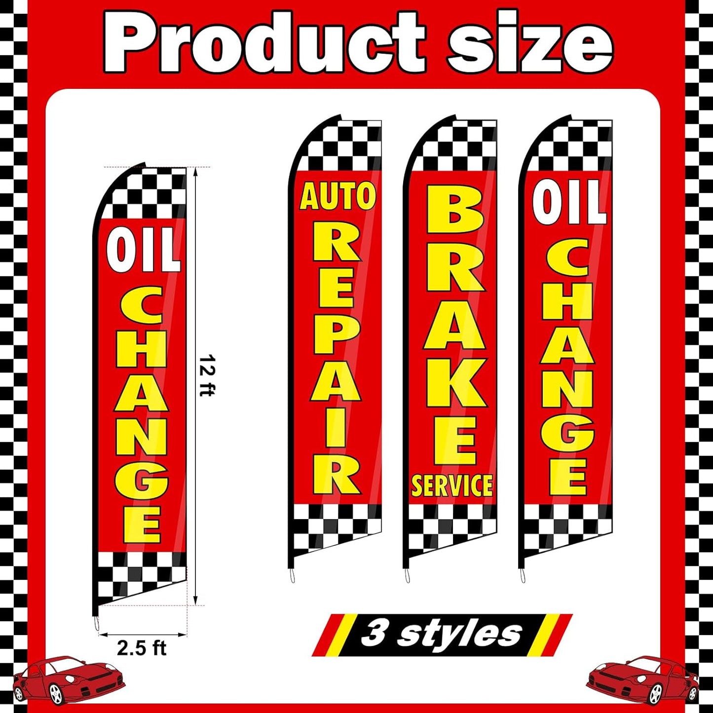 3 Pack Auto Repair Feather Flag -12 ft Advertising Flags for Business with Pole Kit Automotive Service Brake Oil Change Banner Feather Signs Set for Auto Repair Shop Supplies