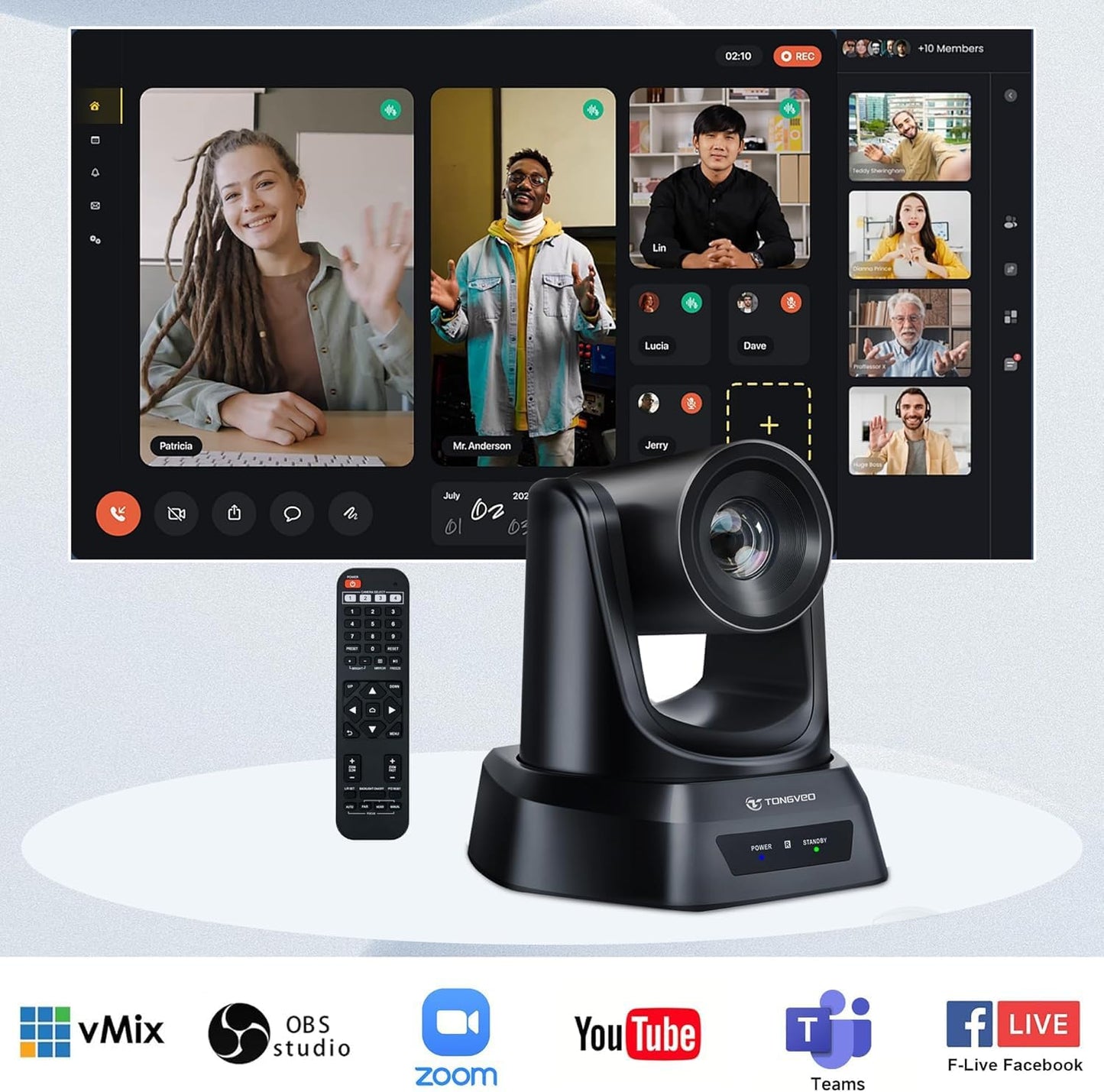 5.8GHz Wireless Conference Room Webcam, Church Live Streaming 3X USB 1080P 60fps PTZ Camera for Worship Services Online Conference, Works with Zoom, OBS Easy to Set Up