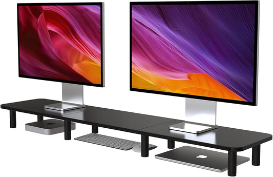 43.7" Extra Long Dual Monitor Stand Riser, Wood & Steel Monitor Stand for 2 Monitors, Wide TV Stand, Desktop Riser for Desk Organization, Home Office，Laptop,Printer,TV (Black)